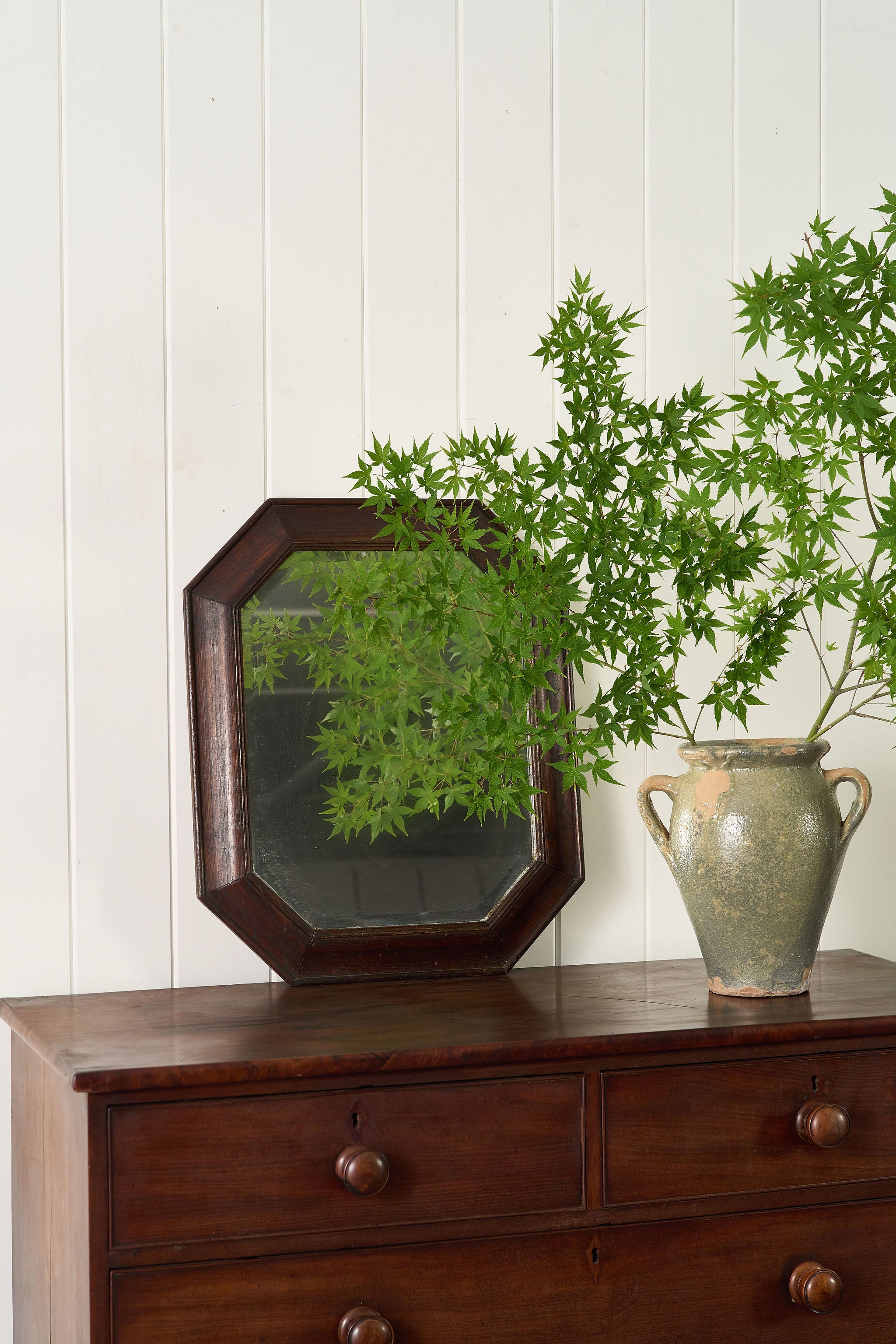 Antique English Octagonal Oak Mirror with Beveled Glass (c. 1930)