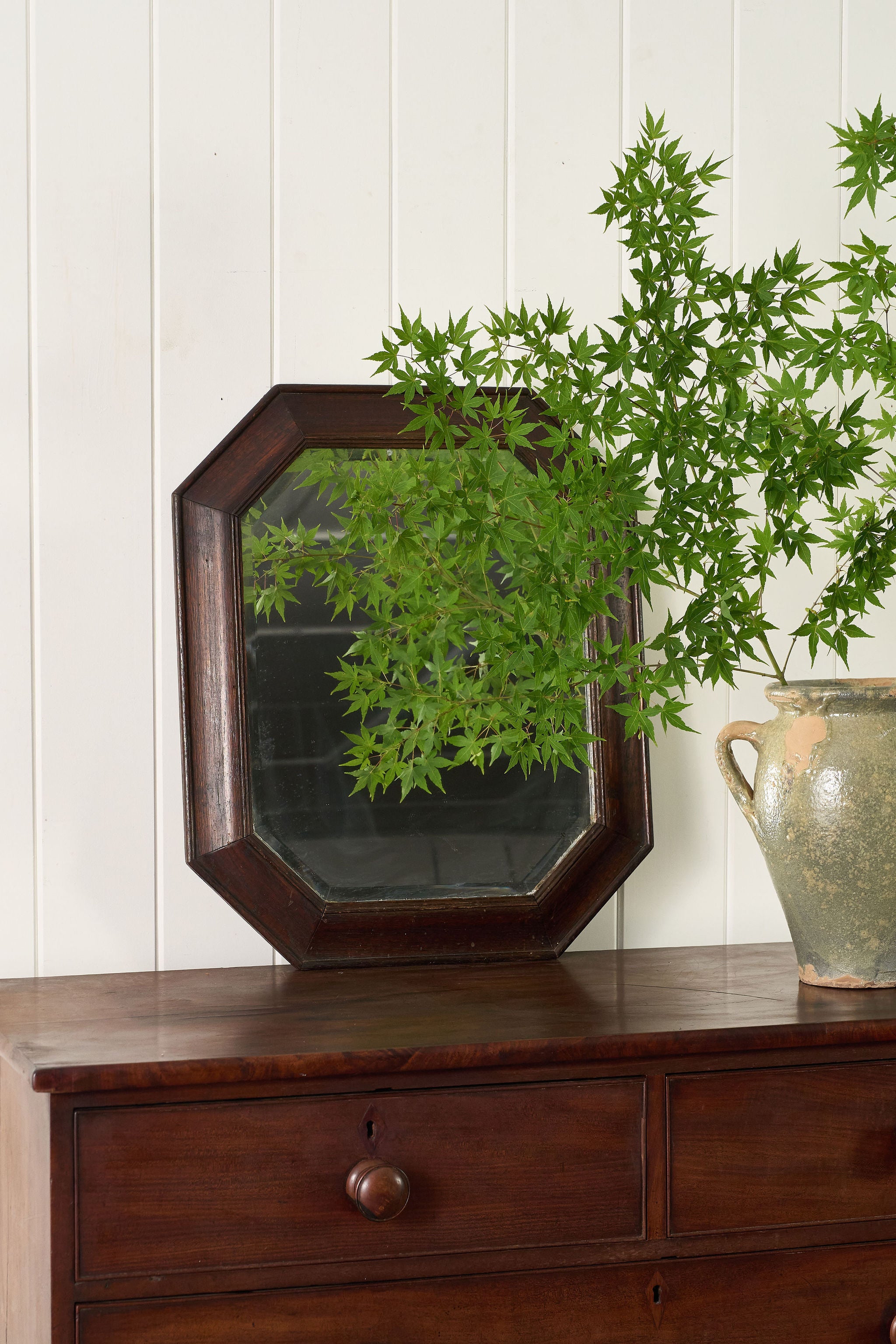 Antique English Octagonal Oak Mirror with Beveled Glass (c. 1930)