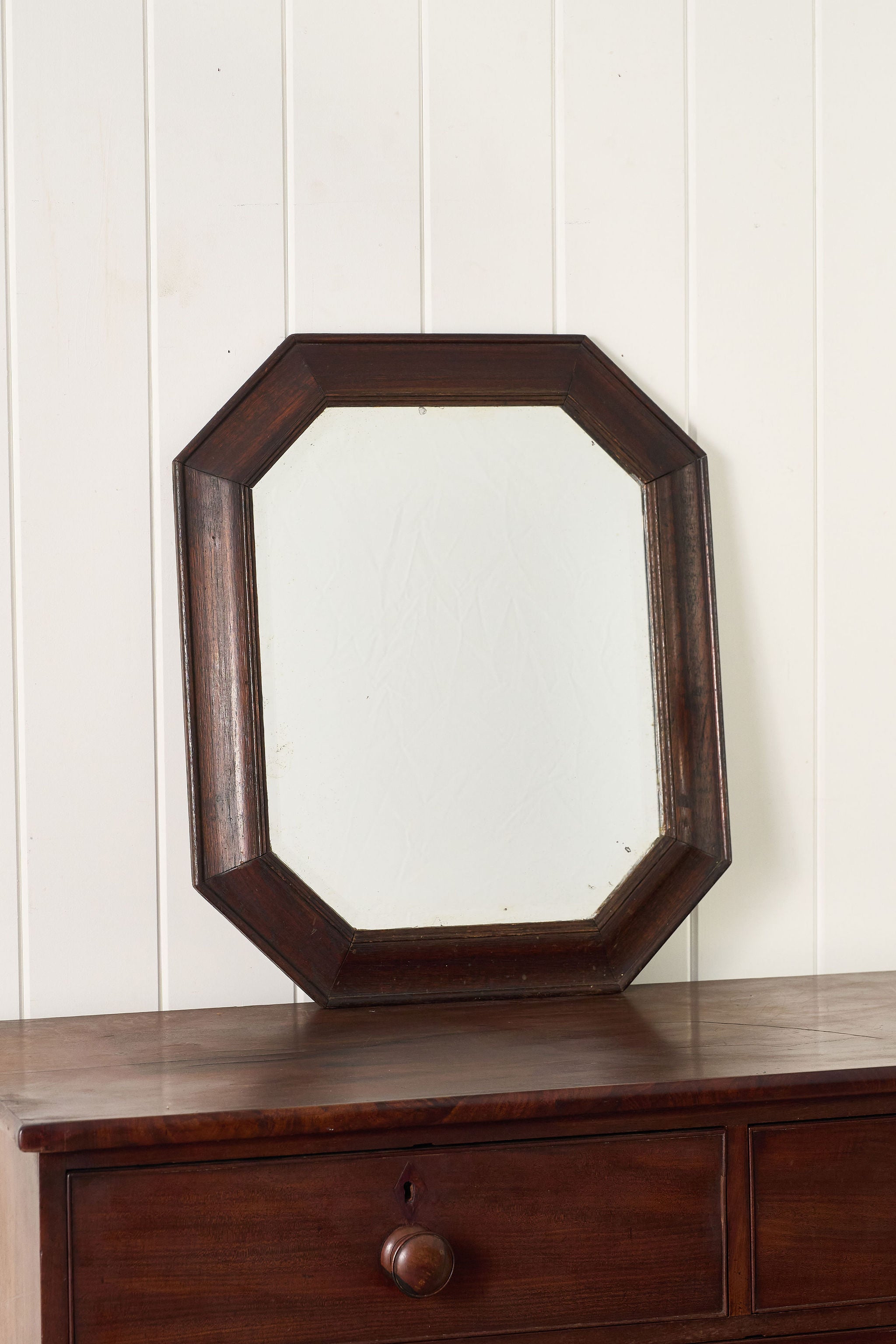 Antique English Octagonal Oak Mirror with Beveled Glass (c. 1930)