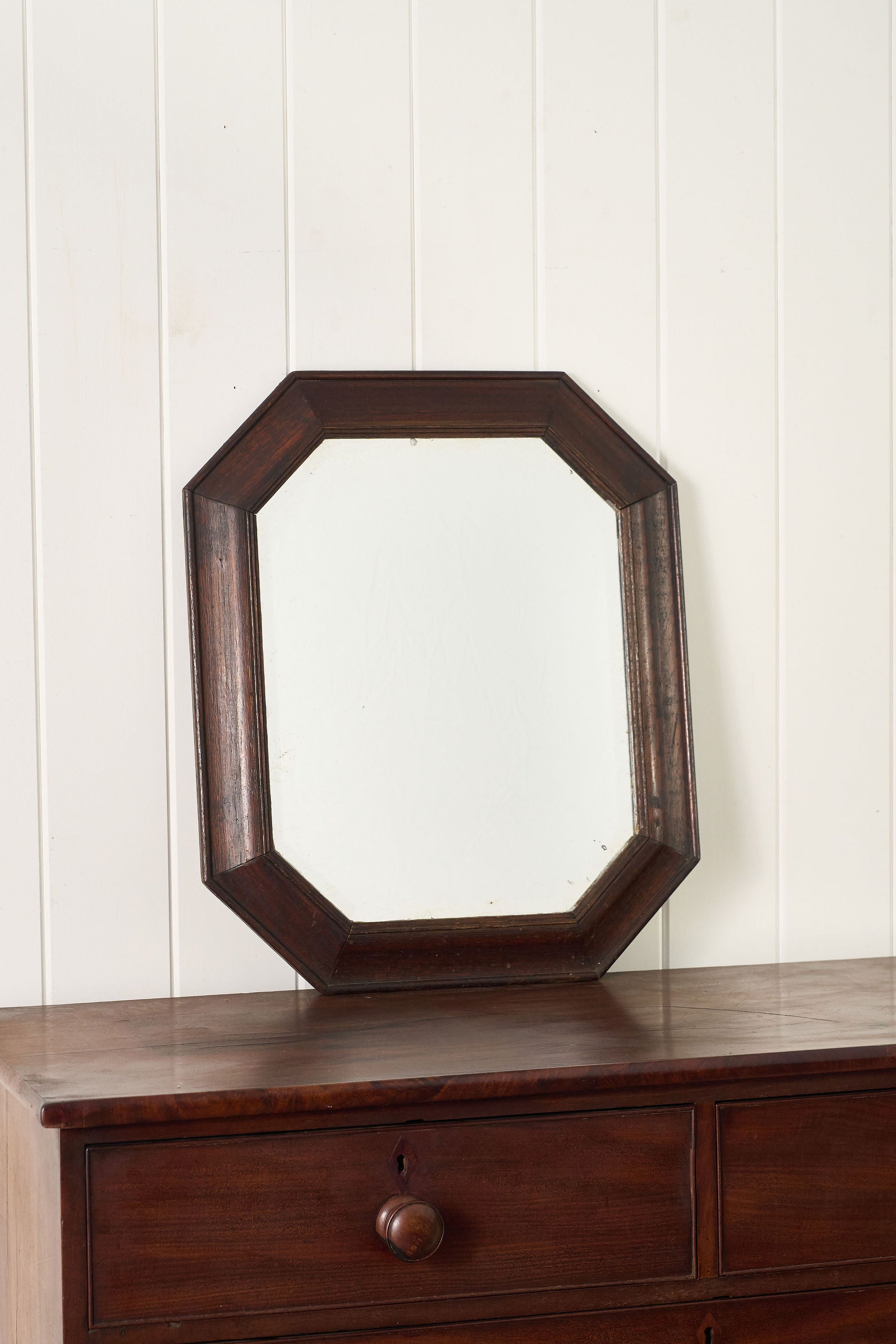 Antique English Octagonal Oak Mirror with Beveled Glass (c. 1930)