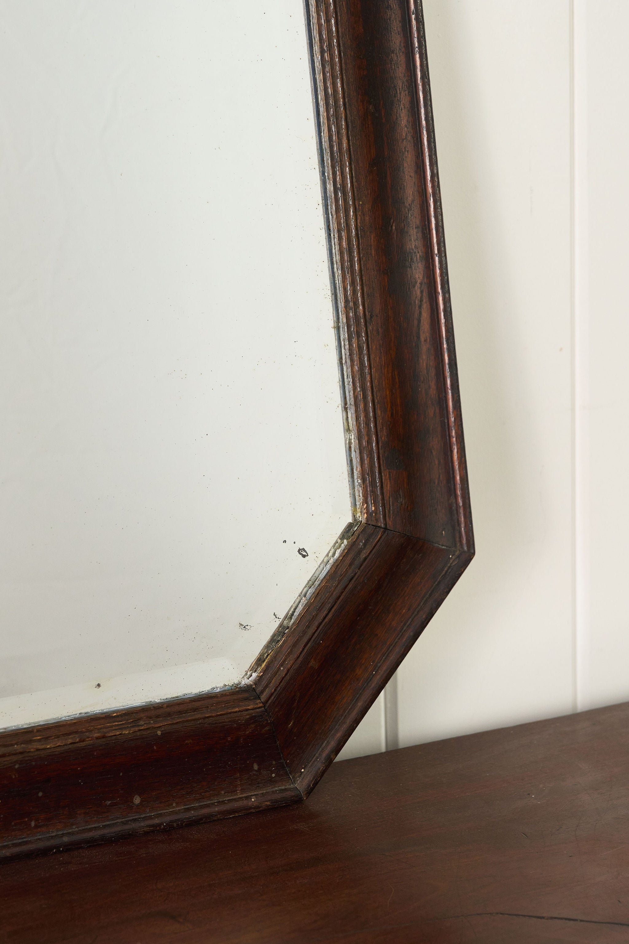 Antique English Octagonal Oak Mirror with Beveled Glass (c. 1930)