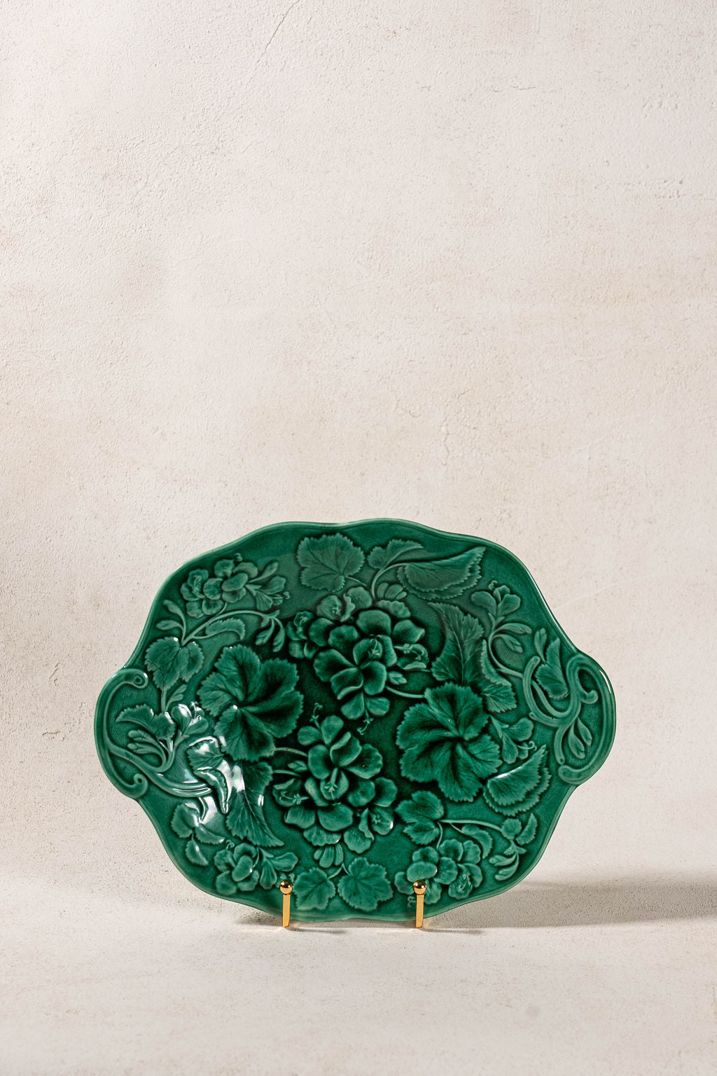 19th Century Green Majolica Serving Platter with Repair Staples