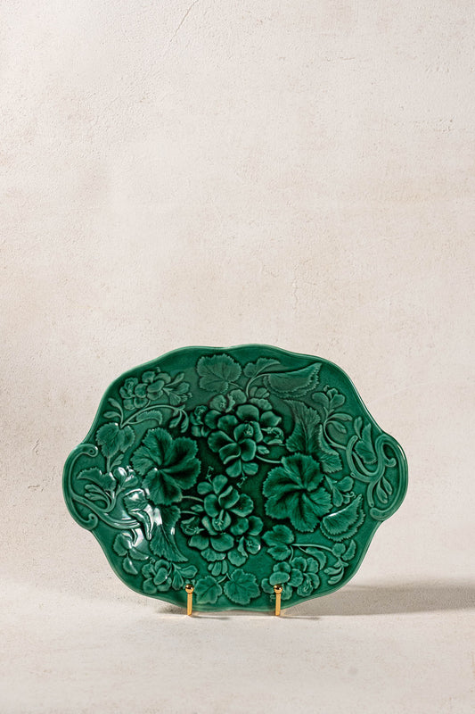 19th Century Green Majolica Serving Platter with Repair Staples