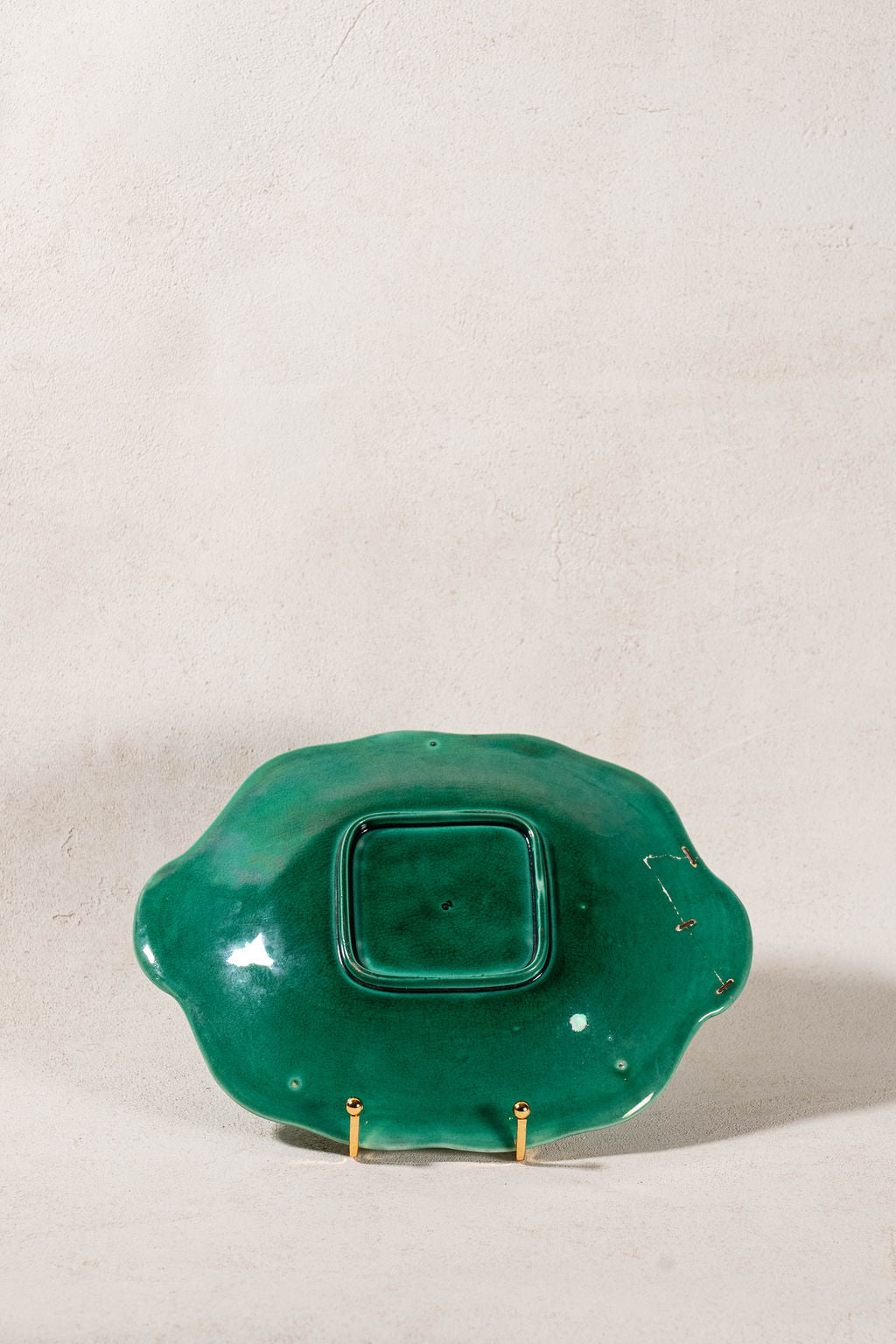 19th Century Green Majolica Serving Platter with Repair Staples