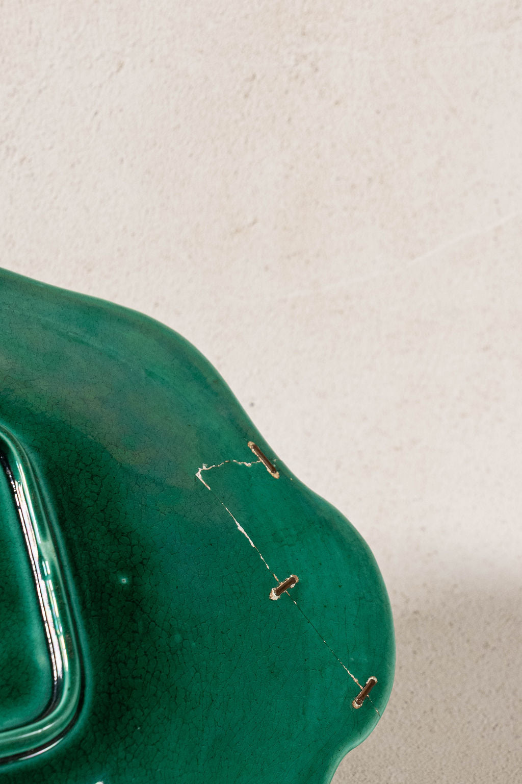 19th Century Green Majolica Serving Platter with Repair Staples