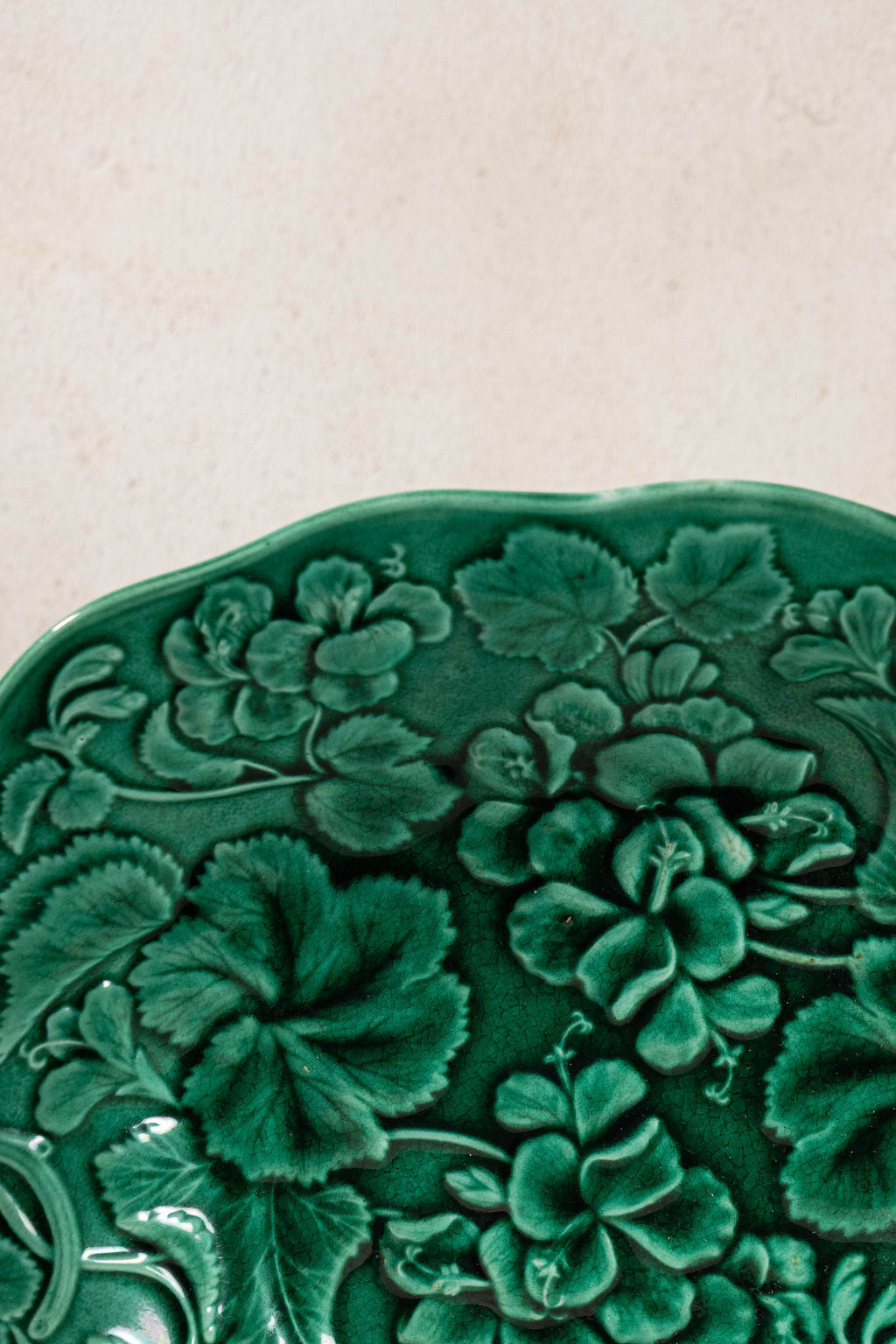 19th Century Green Majolica Serving Platter with Repair Staples