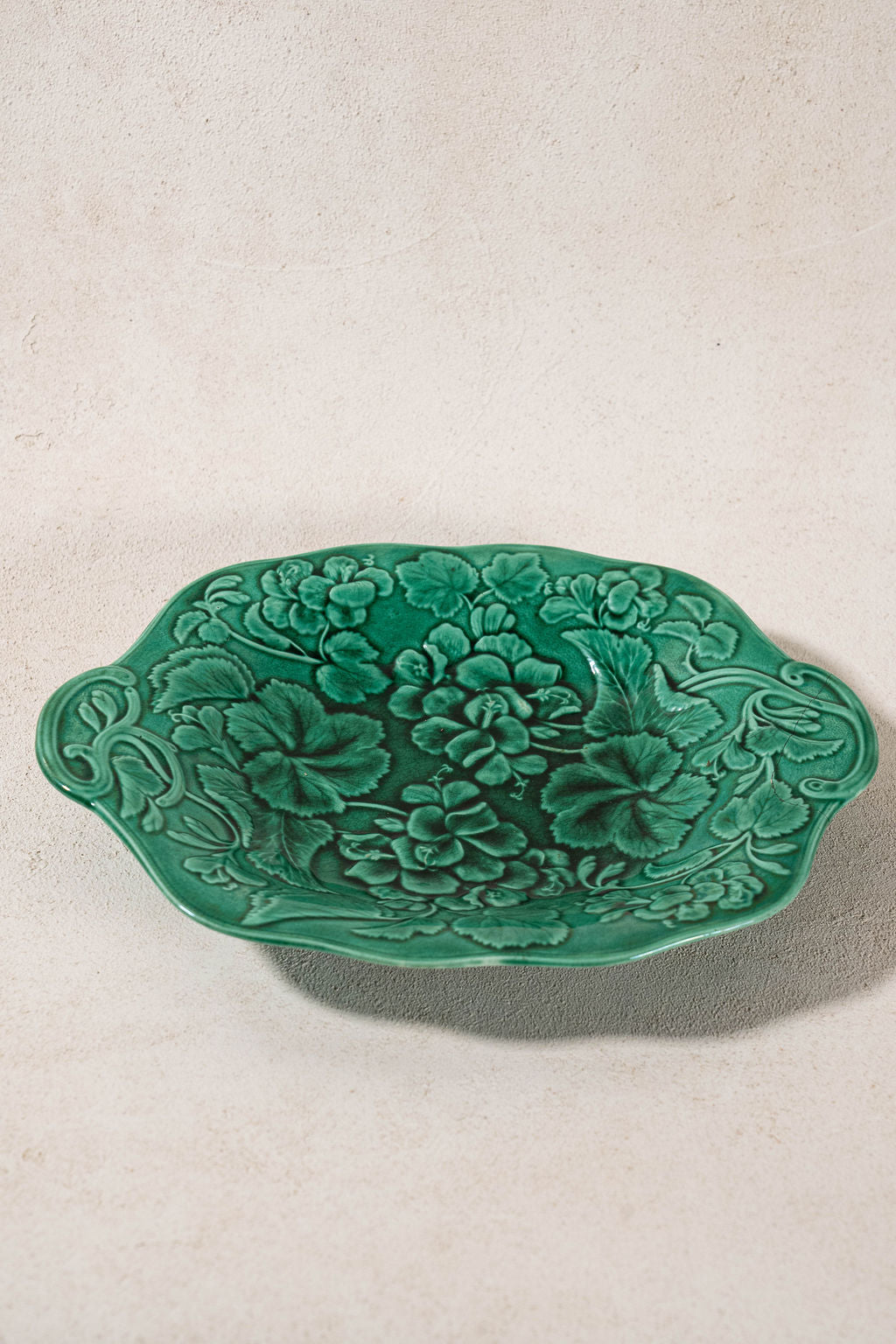 19th Century Green Majolica Serving Platter with Repair Staples