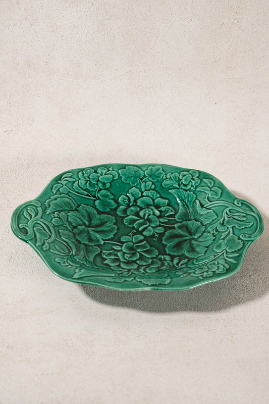 19th Century Green Majolica Serving Platter with Repair Staples