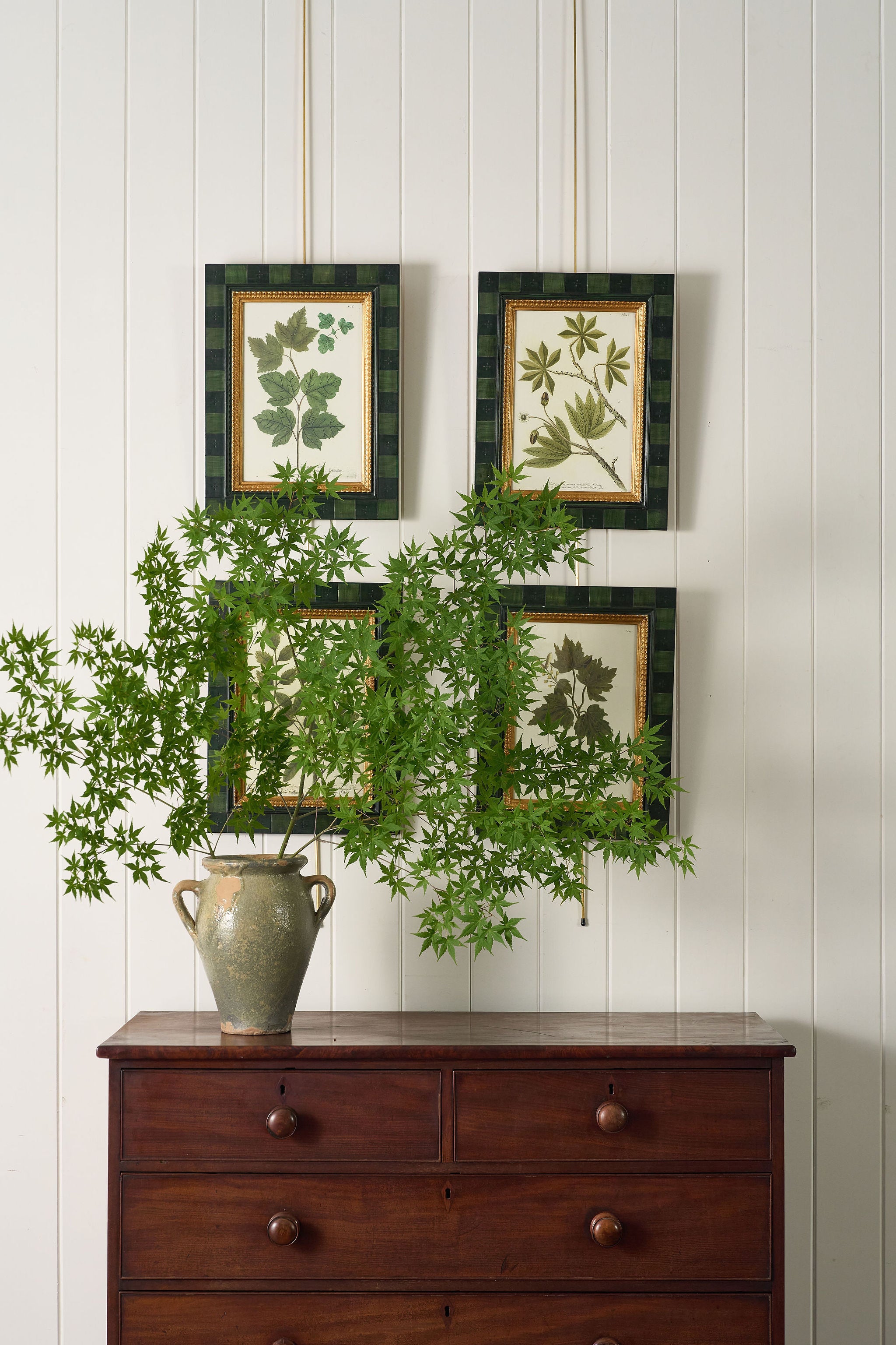 SET of 4 | Vintage English Trowbridge Leaf Prints in Hand Painted Green Check Frame