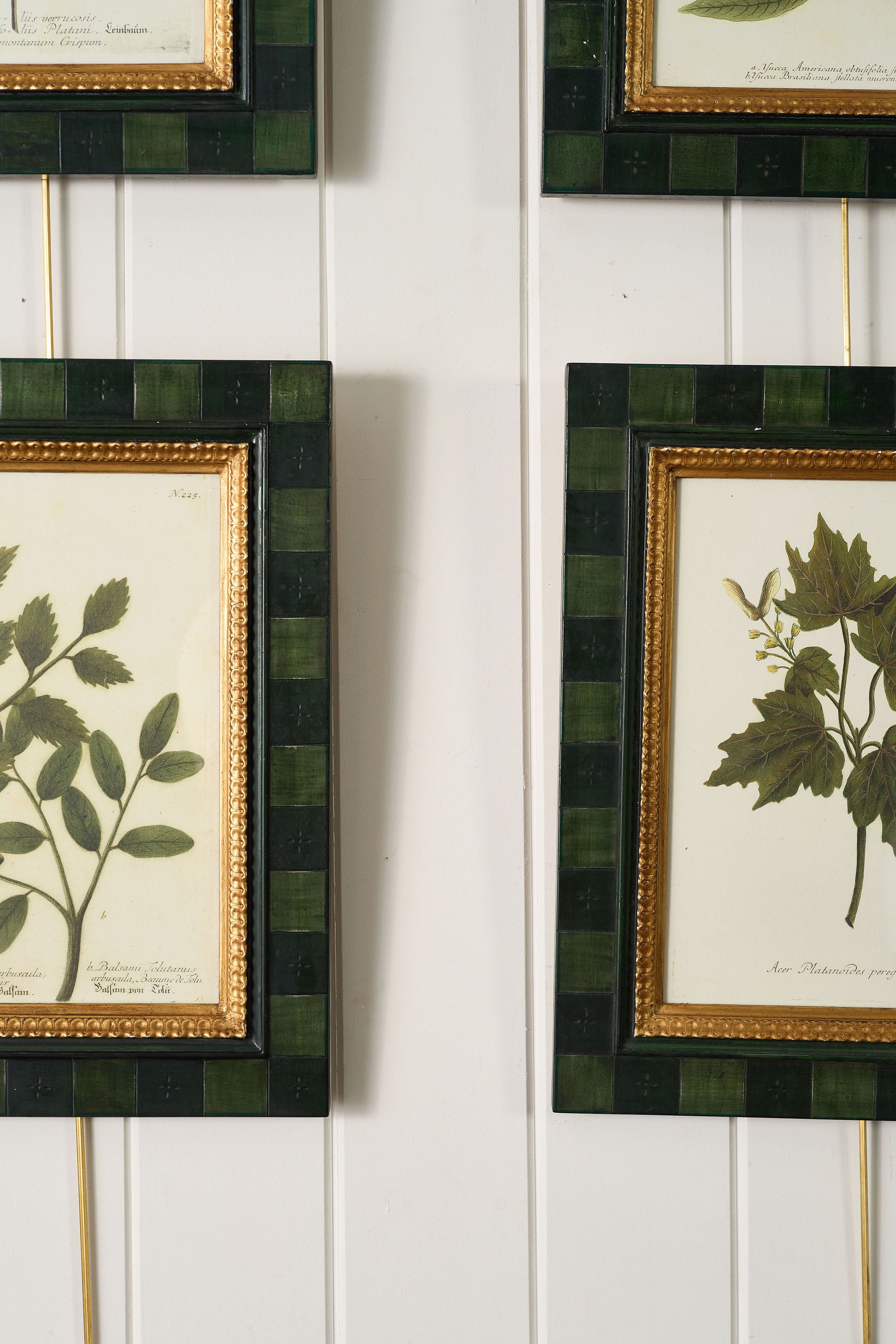 SET of 4 | Vintage English Trowbridge Leaf Prints in Hand Painted Green Check Frame