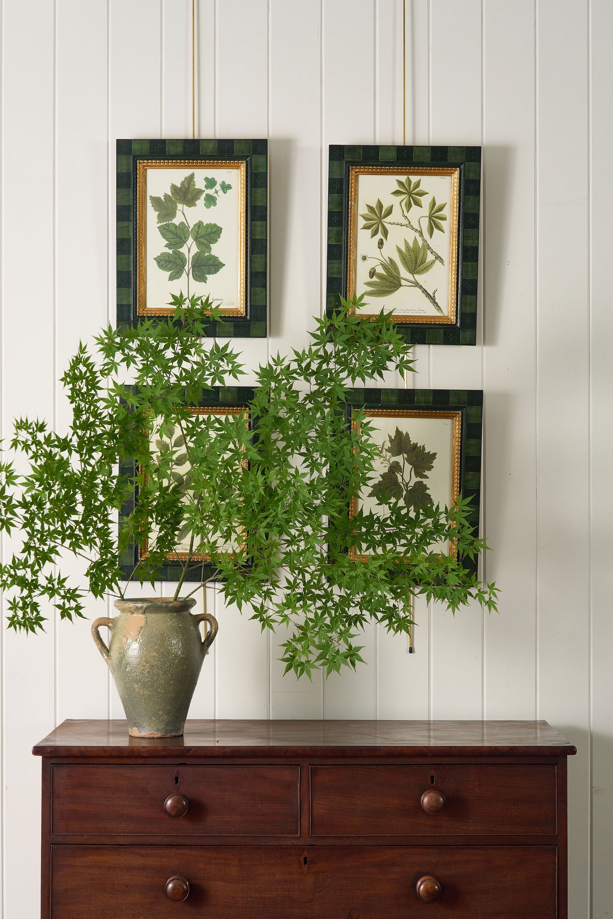 SET of 4 | Vintage English Trowbridge Leaf Prints in Hand Painted Green Check Frame