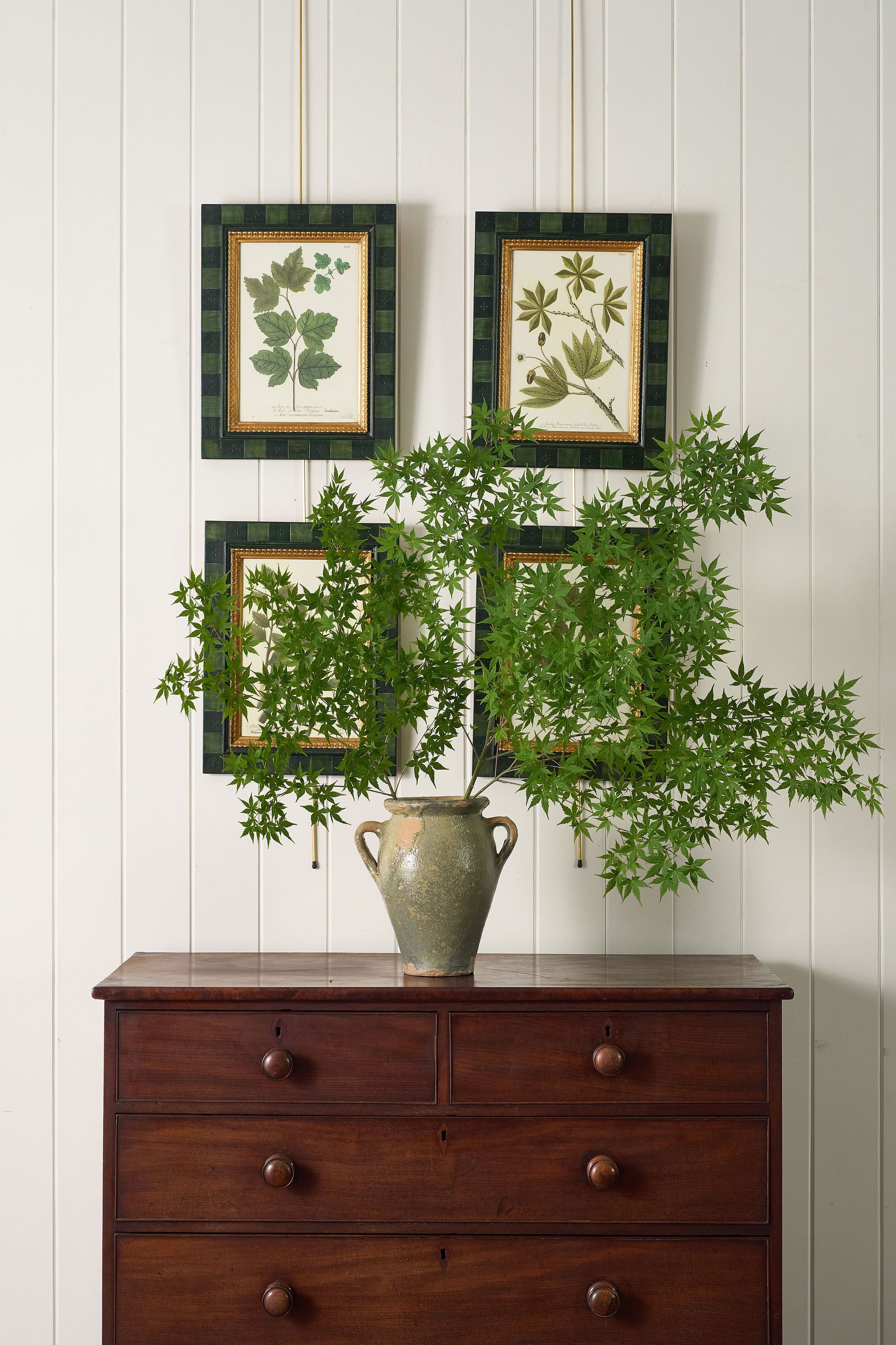 SET of 4 | Vintage English Trowbridge Leaf Prints in Hand Painted Green Check Frame