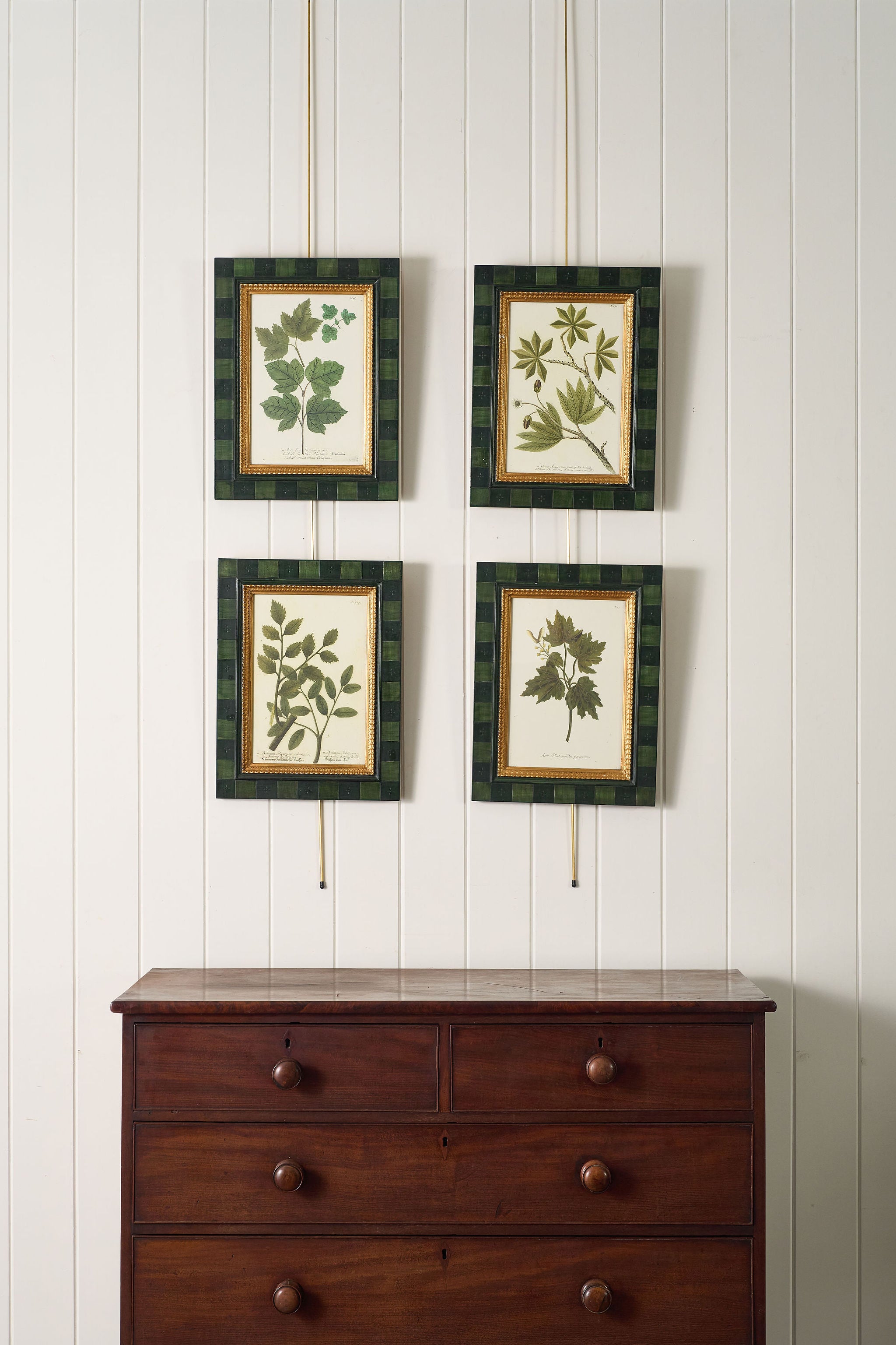 SET of 4 | Vintage English Trowbridge Leaf Prints in Hand Painted Green Check Frame