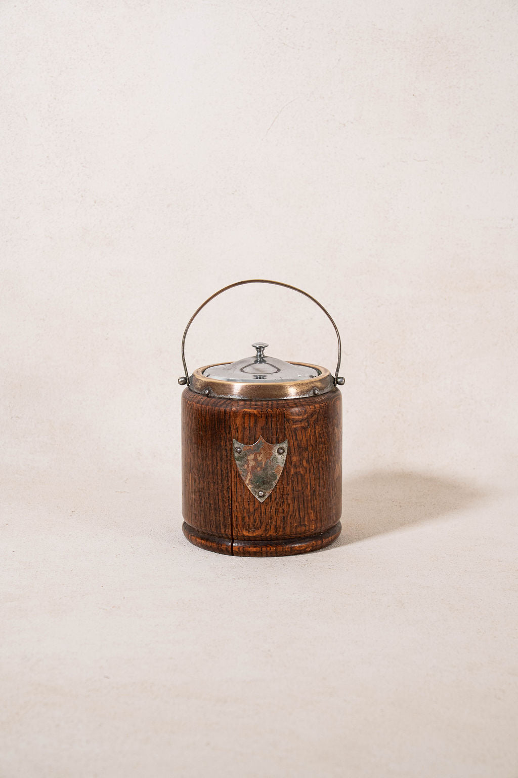 19th Century English Oak Biscuit Barrel with Silver Plate Shield