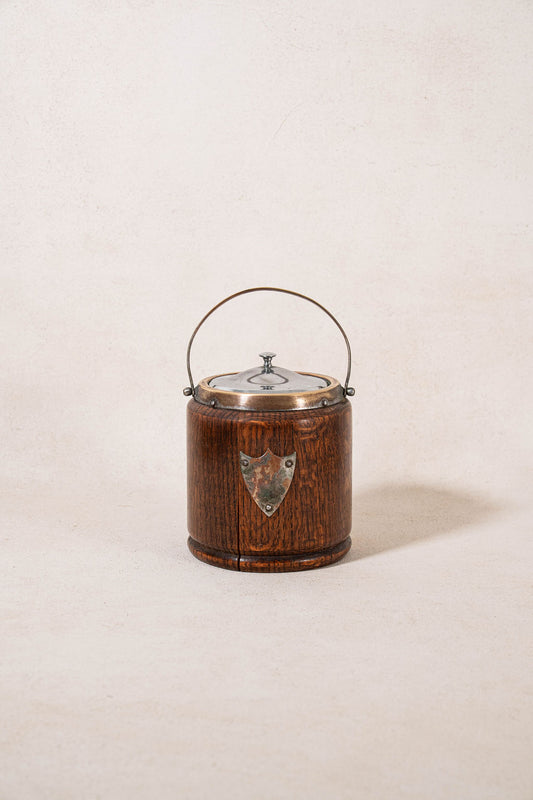 19th Century English Oak Biscuit Barrel with Silver Plate Shield