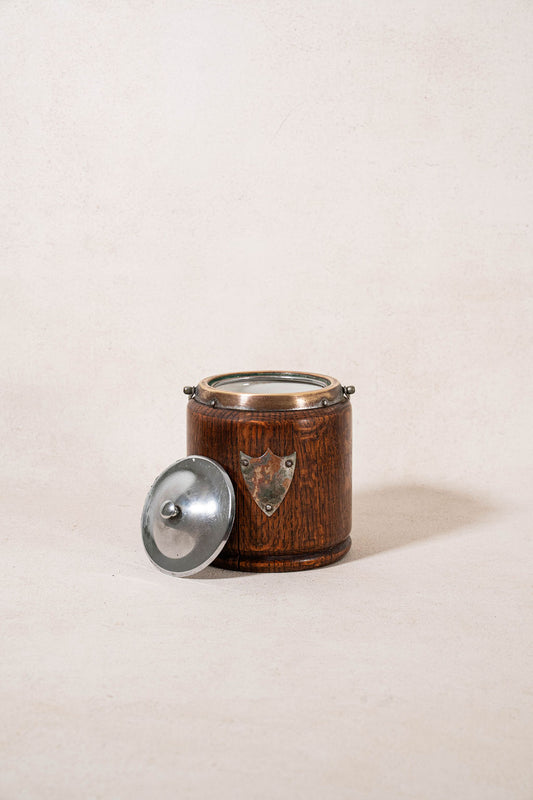 19th Century English Oak Biscuit Barrel with Silver Plate Shield