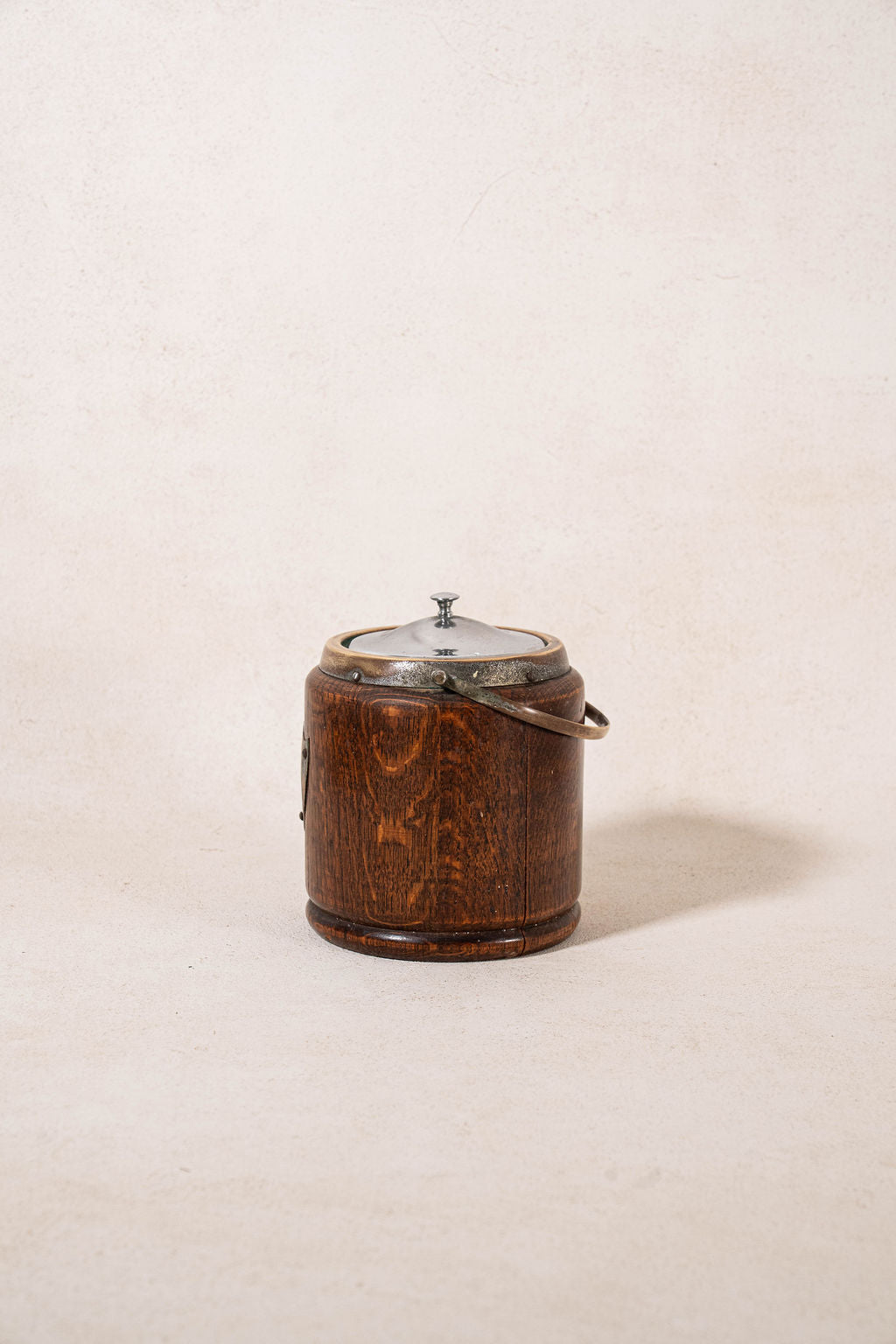 19th Century English Oak Biscuit Barrel with Silver Plate Shield