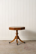 Load image into Gallery viewer, English Regency Style Drum Side Table with Green Leather Top + 3 Drawers (c. 1940)
