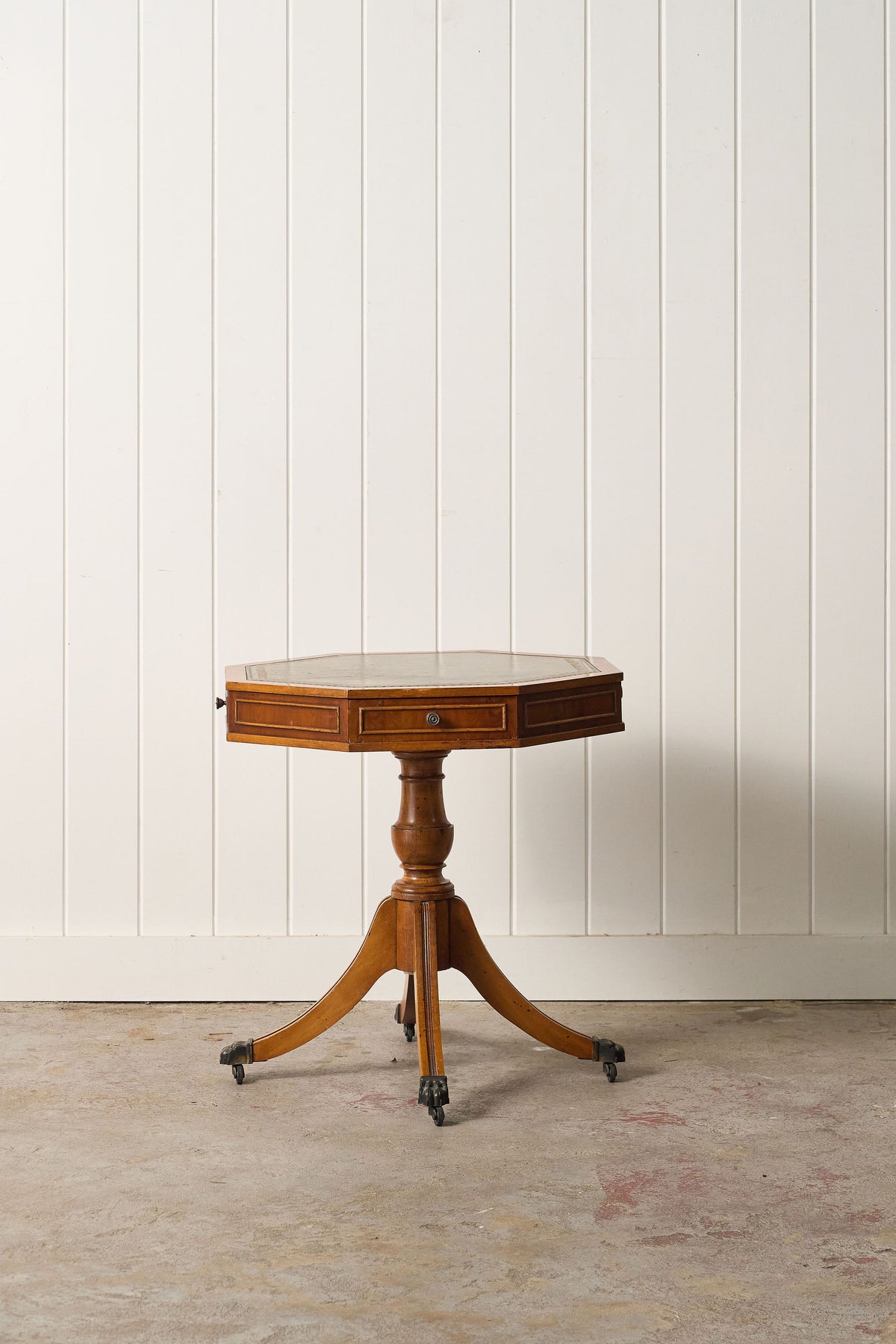 English Regency Style Drum Side Table with Green Leather Top + 3 Drawers (c. 1940)