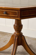 Load image into Gallery viewer, English Regency Style Drum Side Table with Green Leather Top + 3 Drawers (c. 1940)
