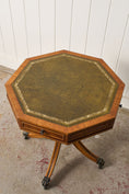 Load image into Gallery viewer, English Regency Style Drum Side Table with Green Leather Top + 3 Drawers (c. 1940)

