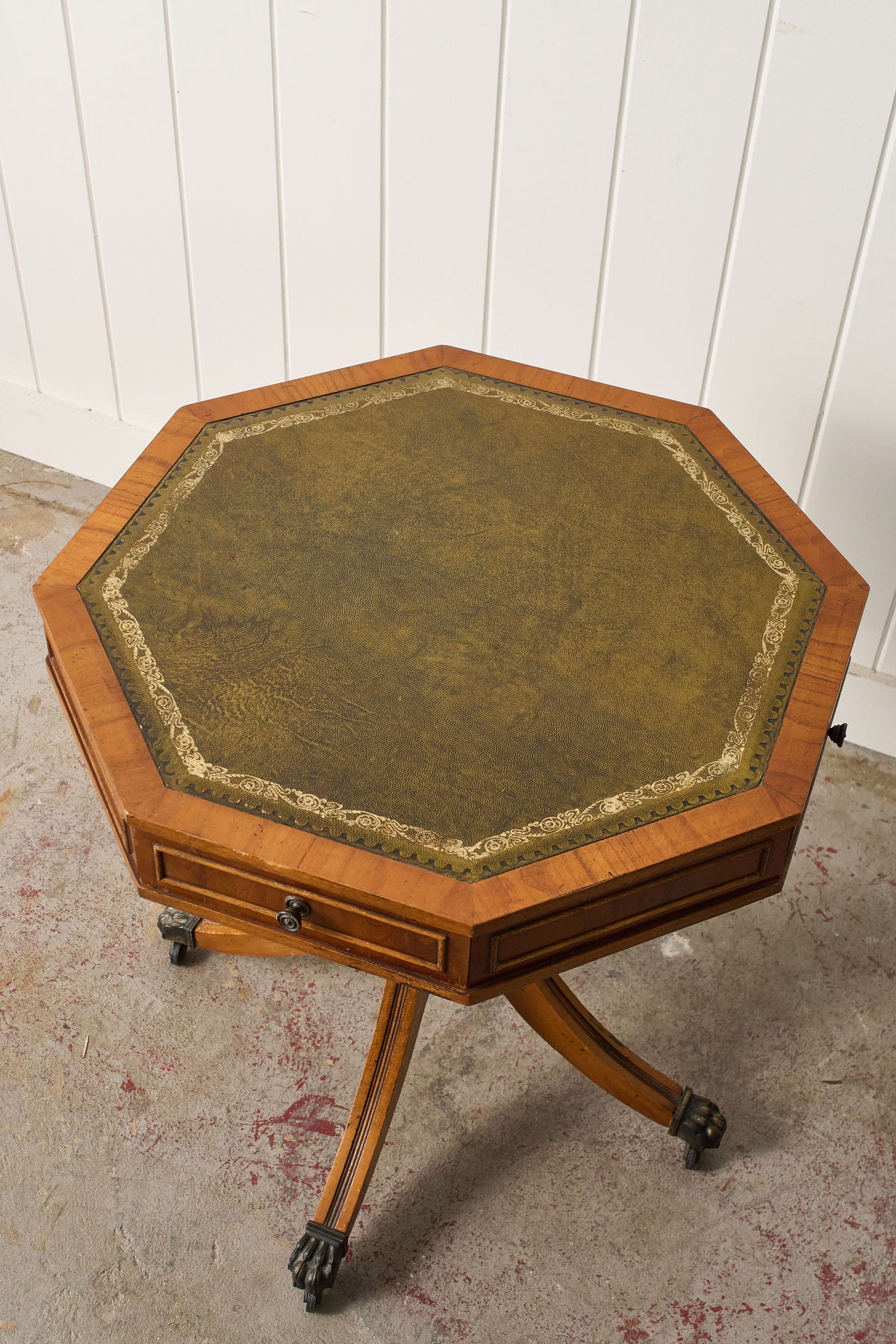 English Regency Style Drum Side Table with Green Leather Top + 3 Drawers (c. 1940)