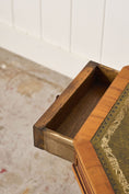 Load image into Gallery viewer, English Regency Style Drum Side Table with Green Leather Top + 3 Drawers (c. 1940)
