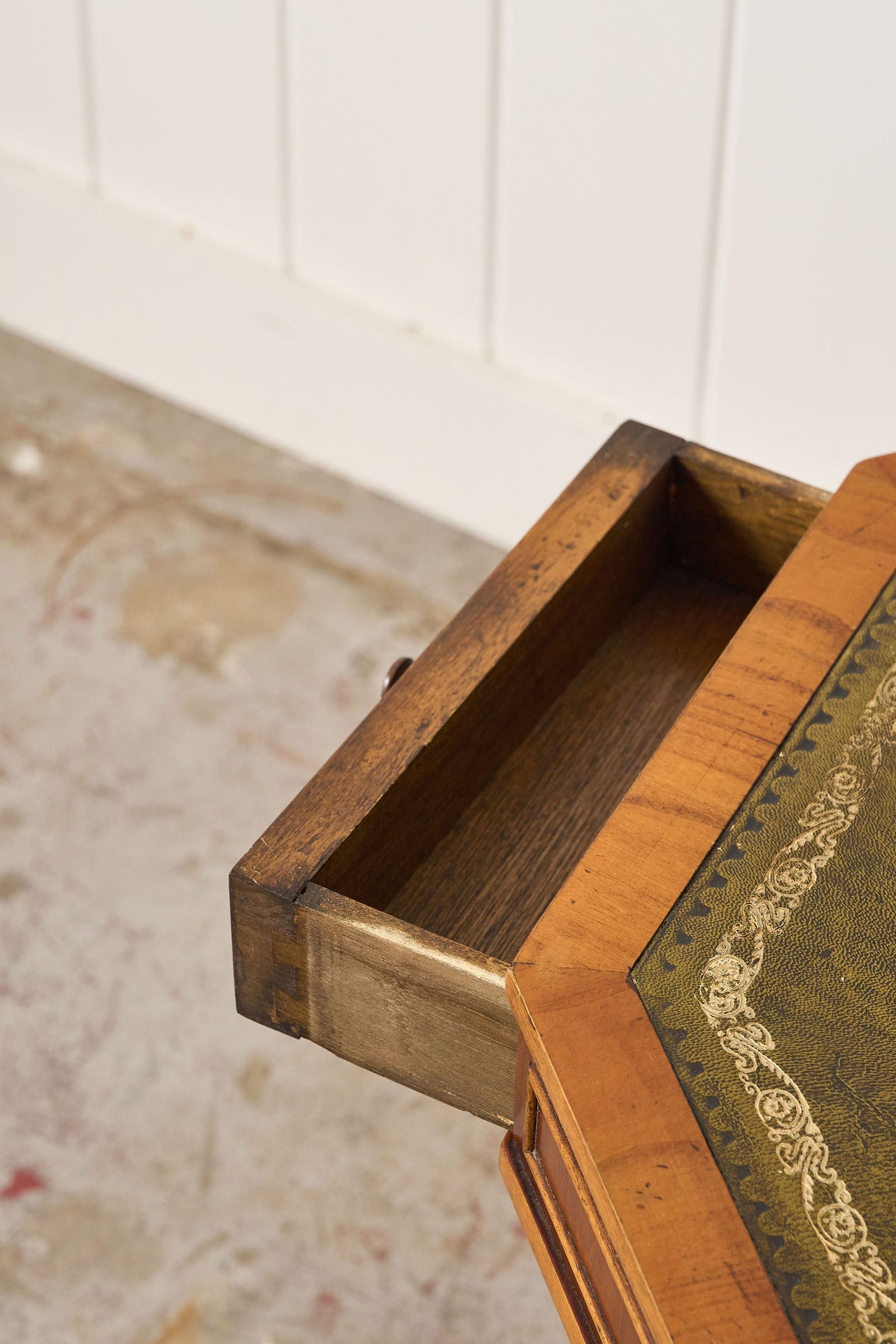 English Regency Style Drum Side Table with Green Leather Top + 3 Drawers (c. 1940)
