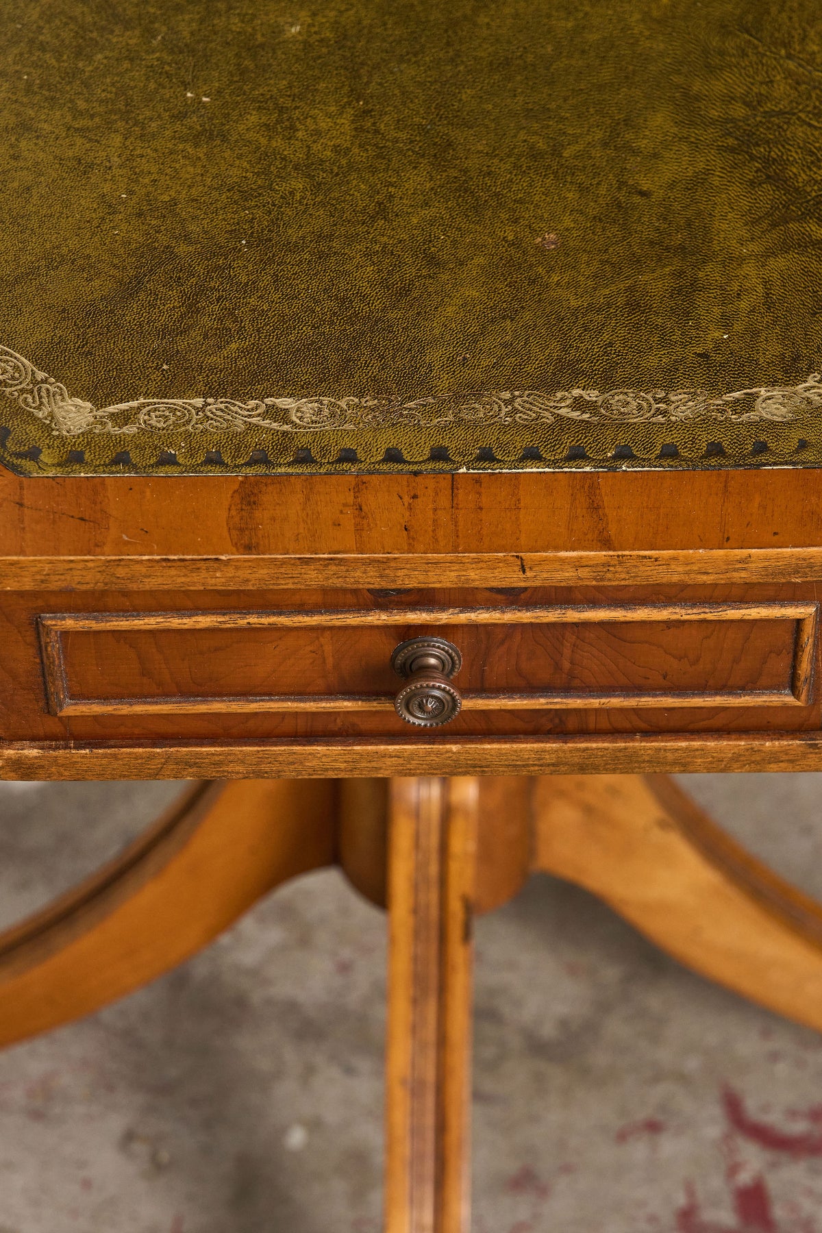 English Regency Style Drum Side Table with Green Leather Top + 3 Drawers (c. 1940)