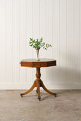 Load image into Gallery viewer, English Regency Style Drum Side Table with Green Leather Top + 3 Drawers (c. 1940)
