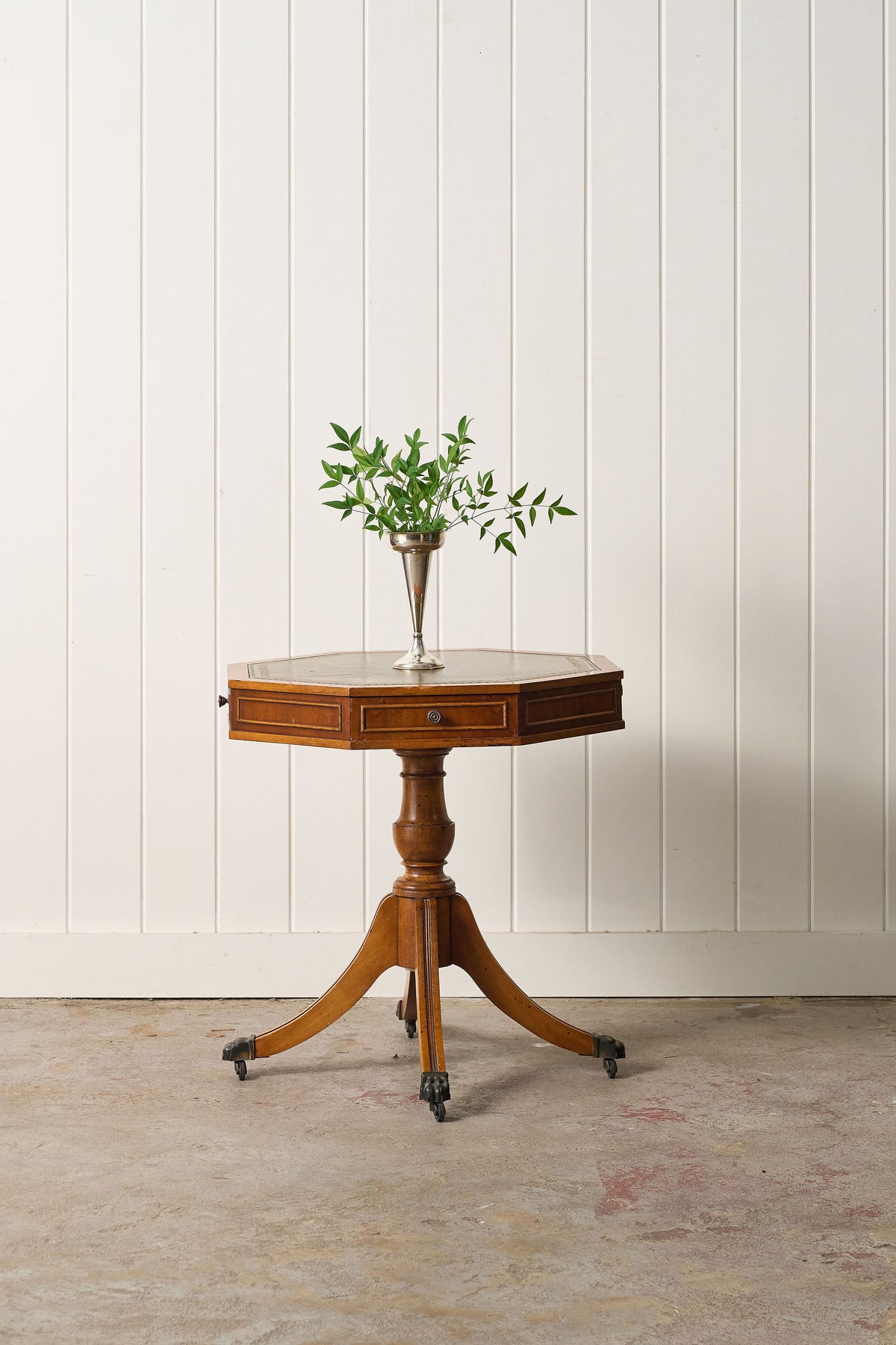 English Regency Style Drum Side Table with Green Leather Top + 3 Drawers (c. 1940)