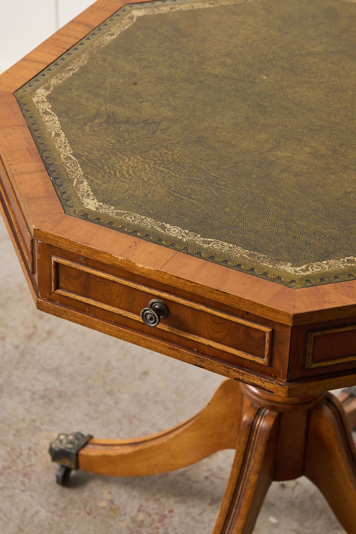 English Regency Style Drum Side Table with Green Leather Top + 3 Drawers (c. 1940)