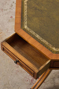 Load image into Gallery viewer, English Regency Style Drum Side Table with Green Leather Top + 3 Drawers (c. 1940)

