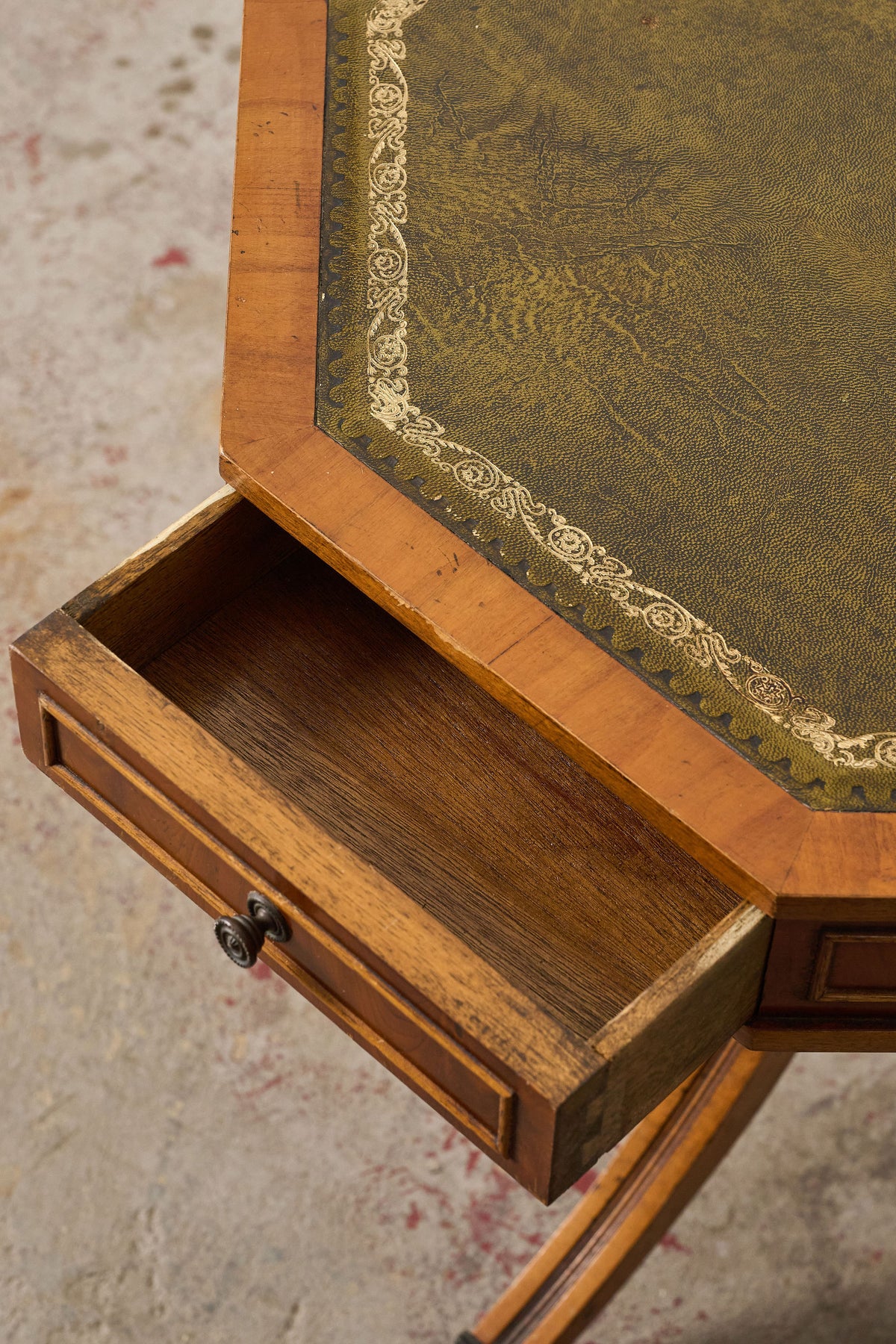 English Regency Style Drum Side Table with Green Leather Top + 3 Drawers (c. 1940)