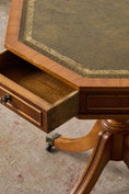 Load image into Gallery viewer, English Regency Style Drum Side Table with Green Leather Top + 3 Drawers (c. 1940)
