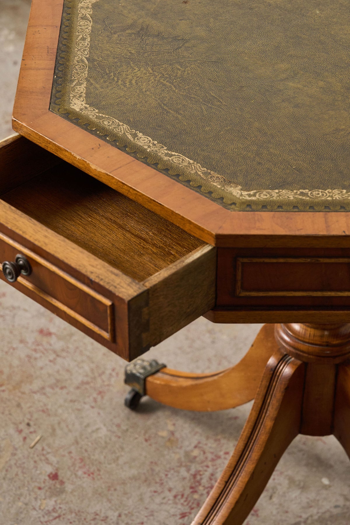 English Regency Style Drum Side Table with Green Leather Top + 3 Drawers (c. 1940)