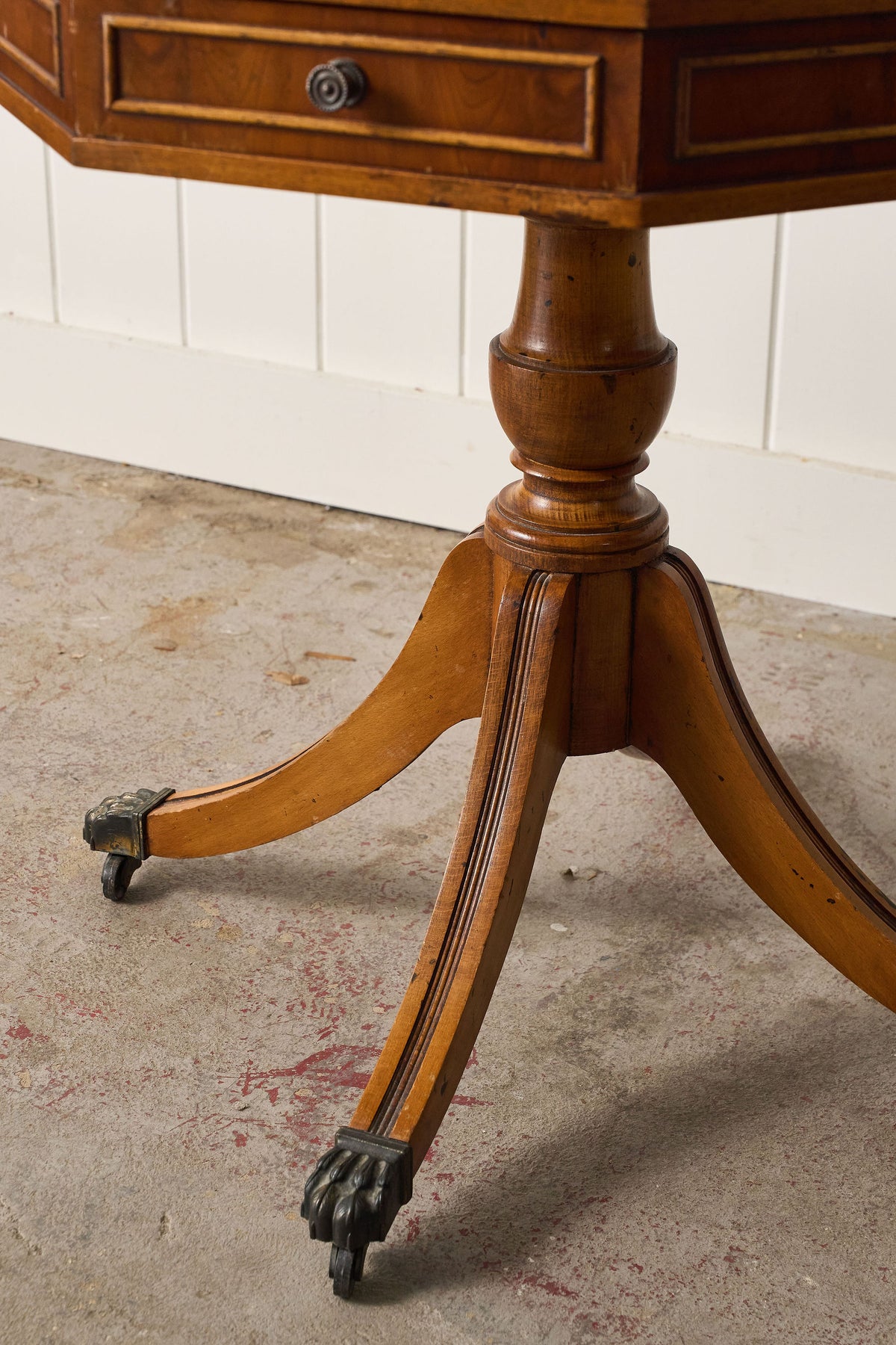 English Regency Style Drum Side Table with Green Leather Top + 3 Drawers (c. 1940)