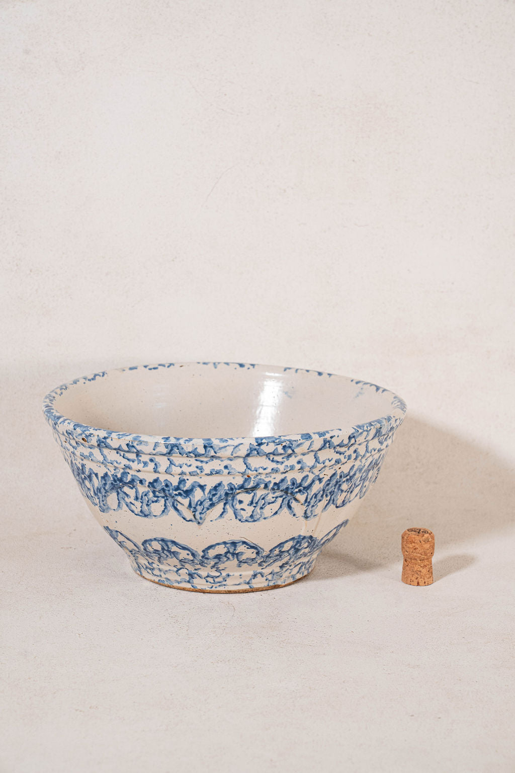 Large Antique Blue Spongeware Bowl with Side Scalloped Relief