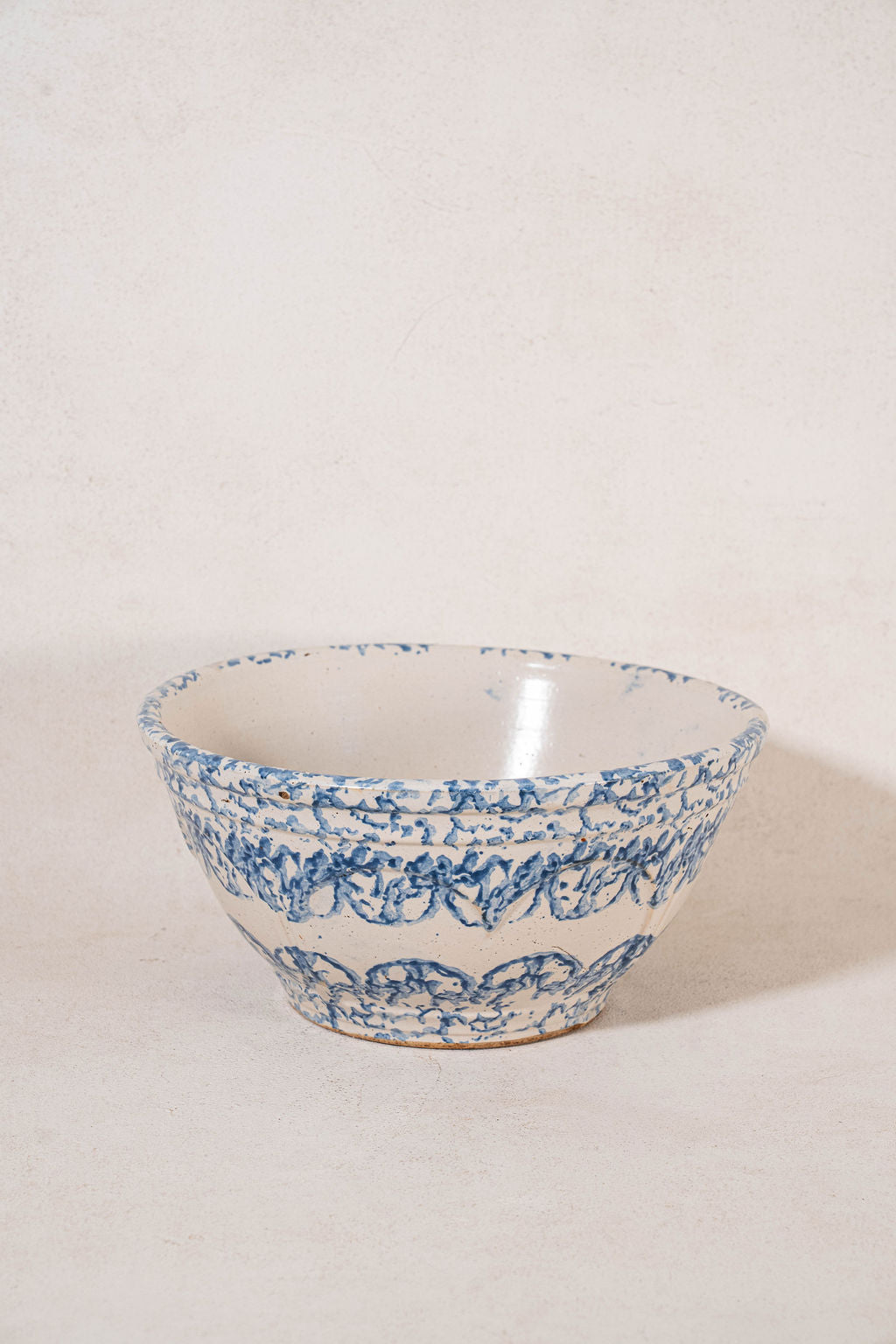 Large Antique Blue Spongeware Bowl with Side Scalloped Relief