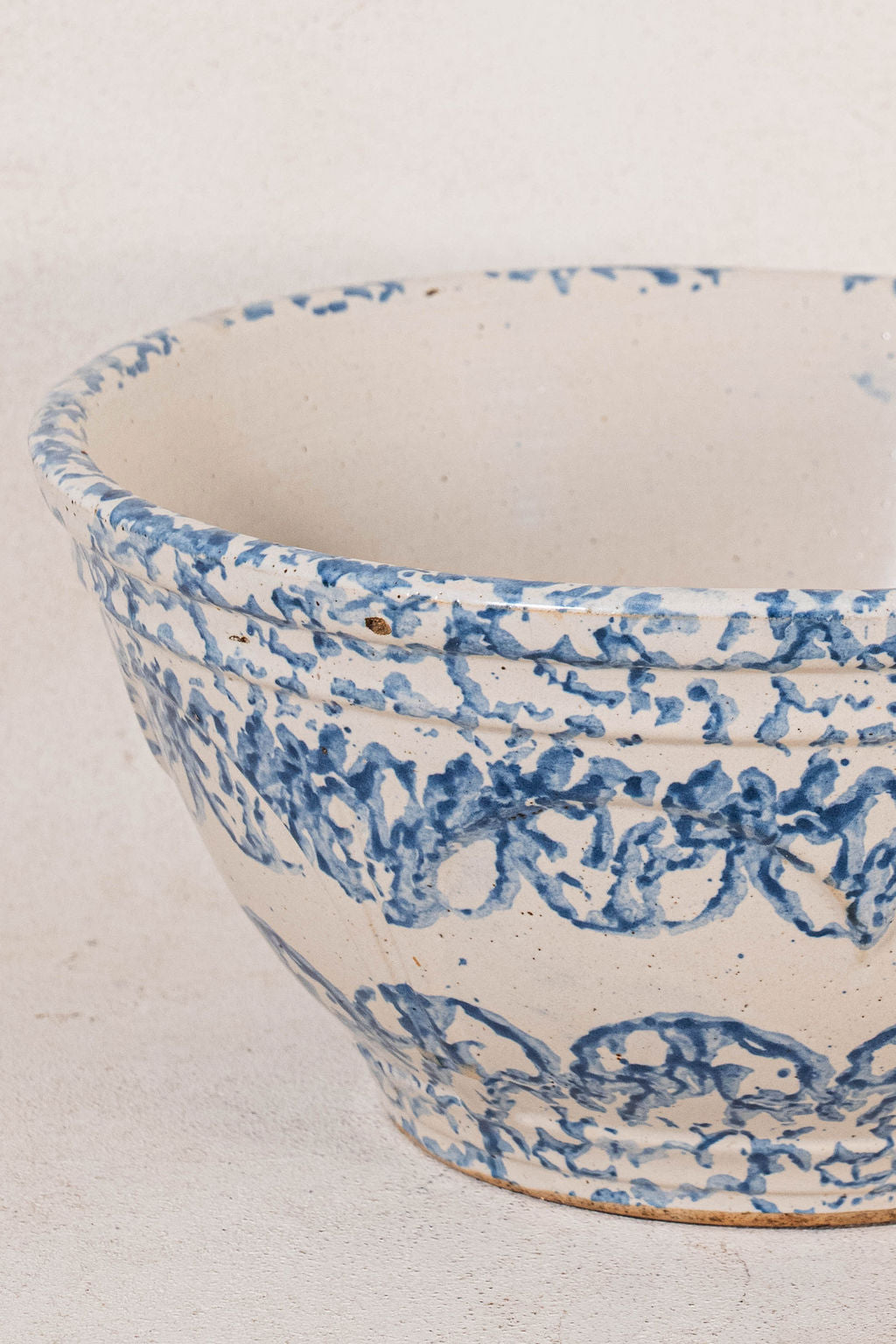 Large Antique Blue Spongeware Bowl with Side Scalloped Relief