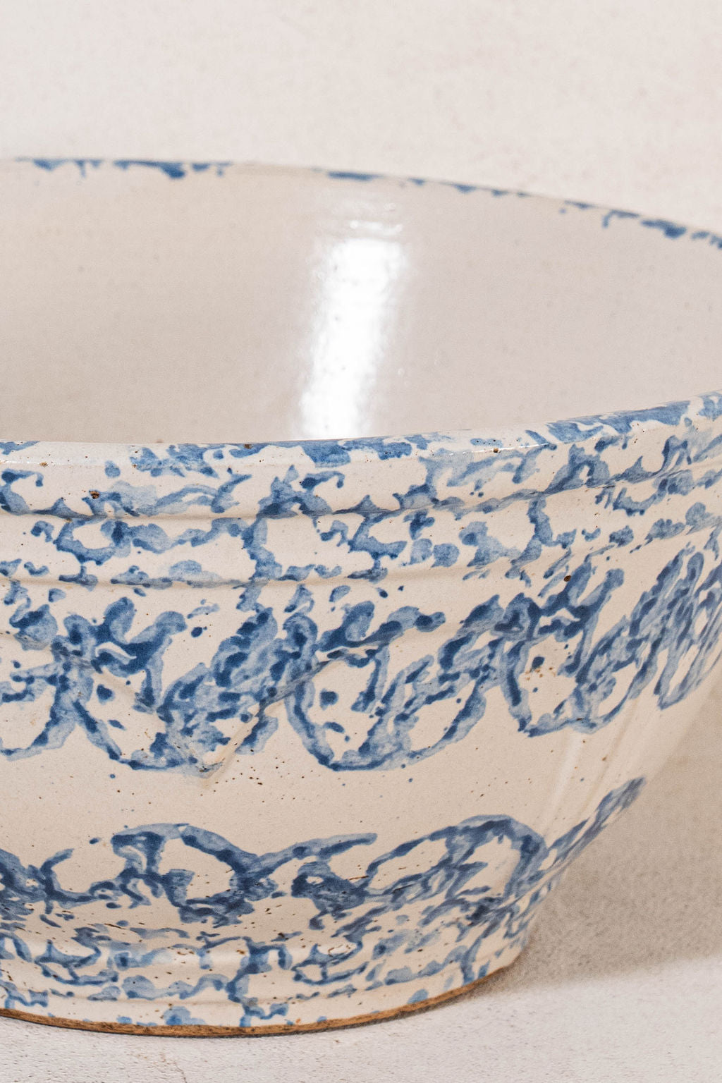 Large Antique Blue Spongeware Bowl with Side Scalloped Relief