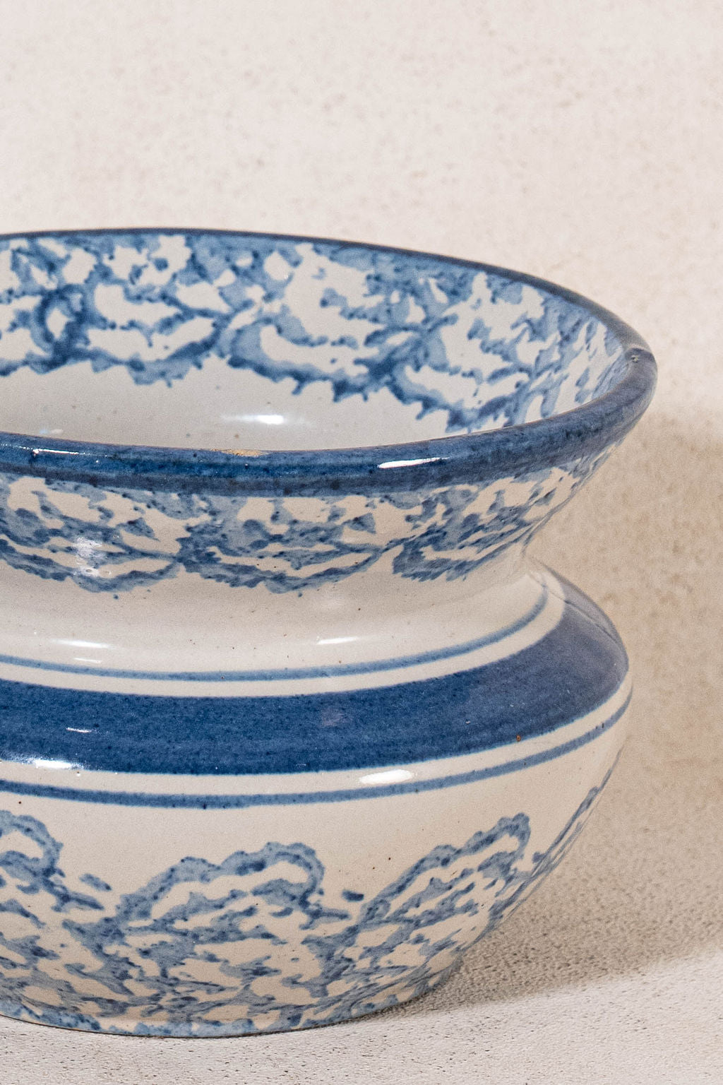 Antique Blue Spongeware Wide Mouth Vase