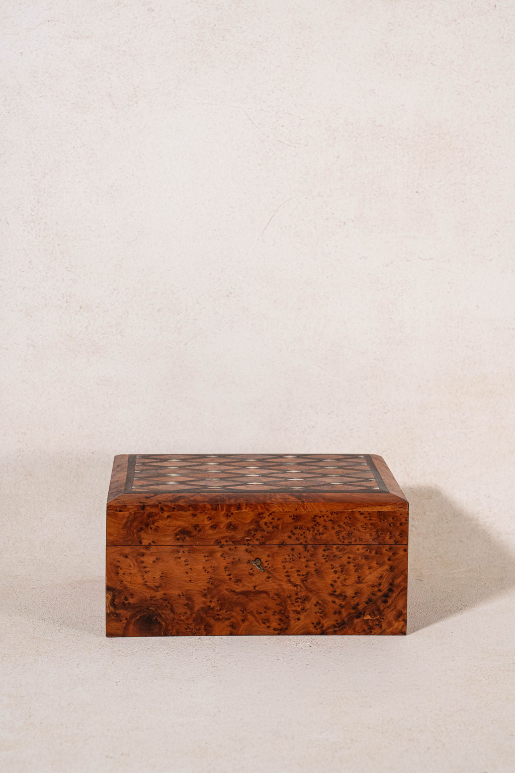 19th Century Burl Box with Diamond Top Pattern + Pearl Inlay (Working Key)
