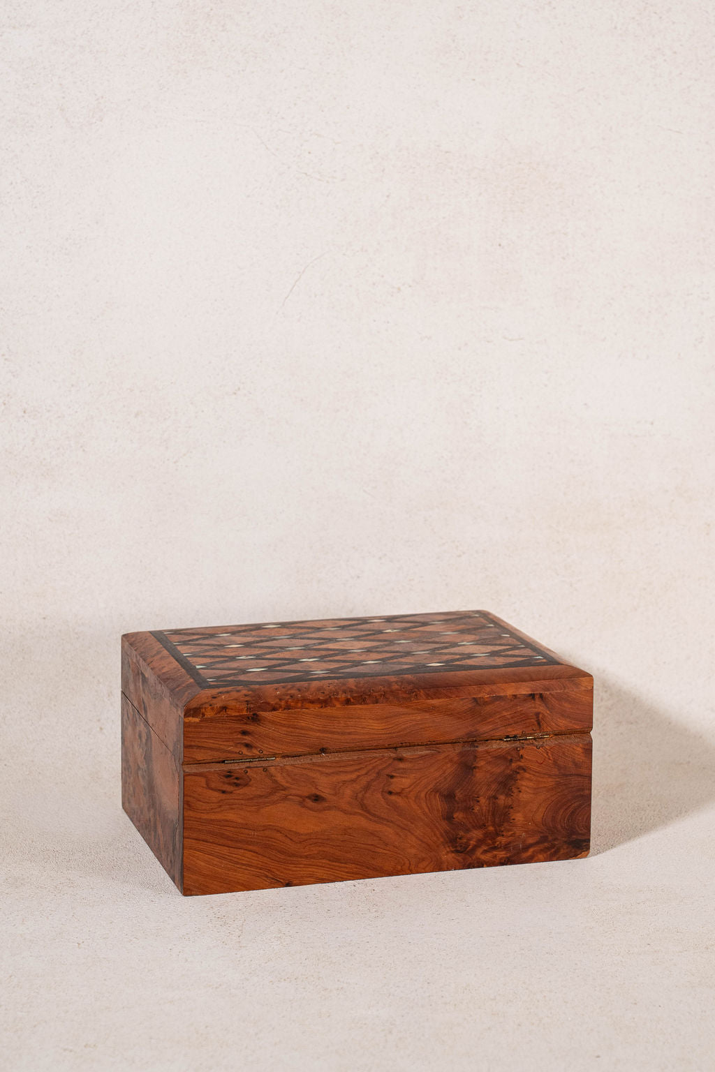 19th Century Burl Box with Diamond Top Pattern + Pearl Inlay (Working Key)