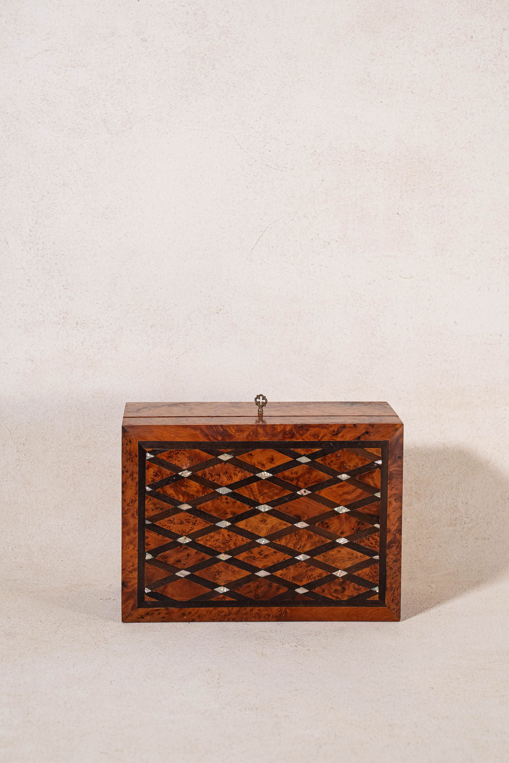 19th Century Burl Box with Diamond Top Pattern + Pearl Inlay (Working Key)