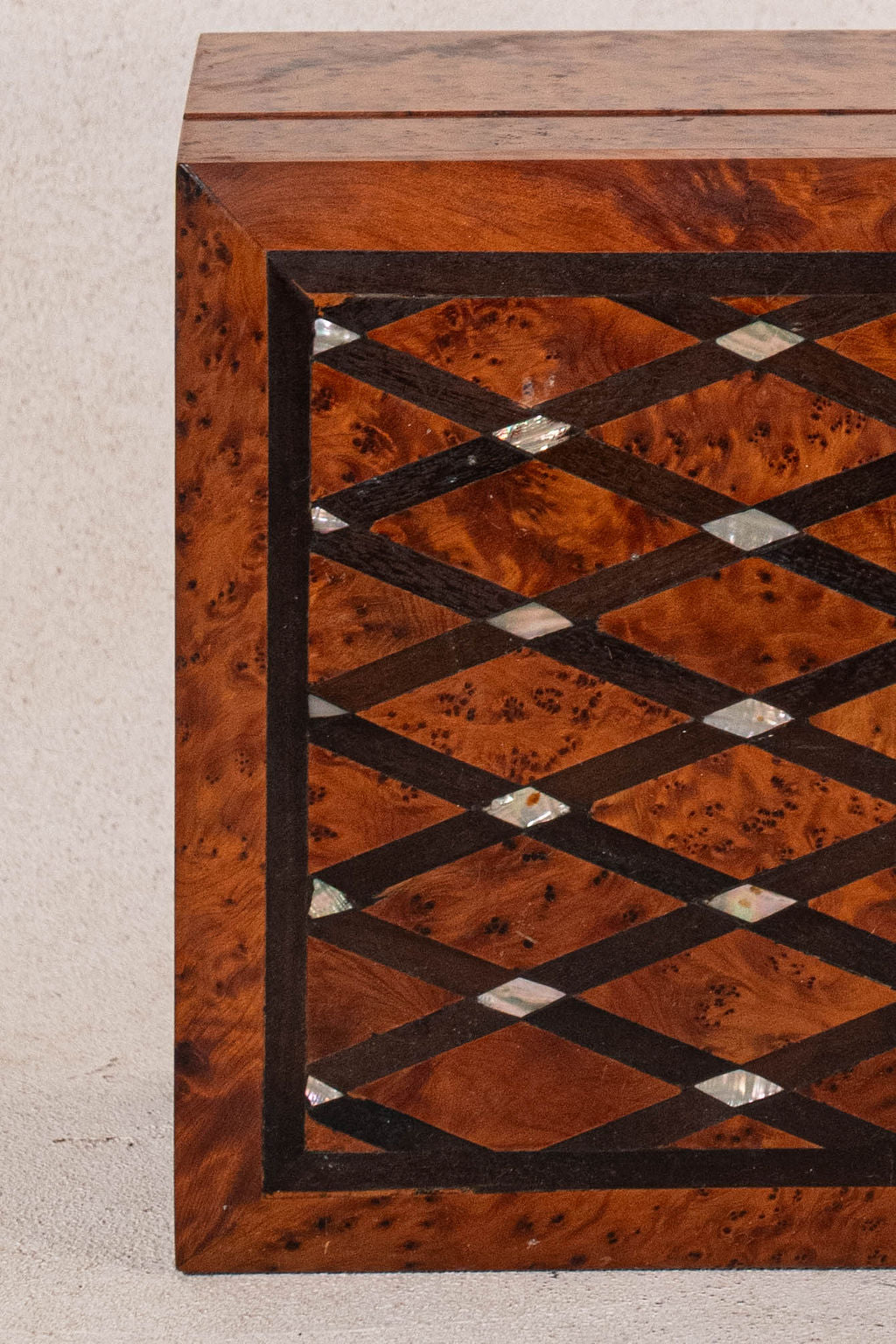 19th Century Burl Box with Diamond Top Pattern + Pearl Inlay (Working Key)