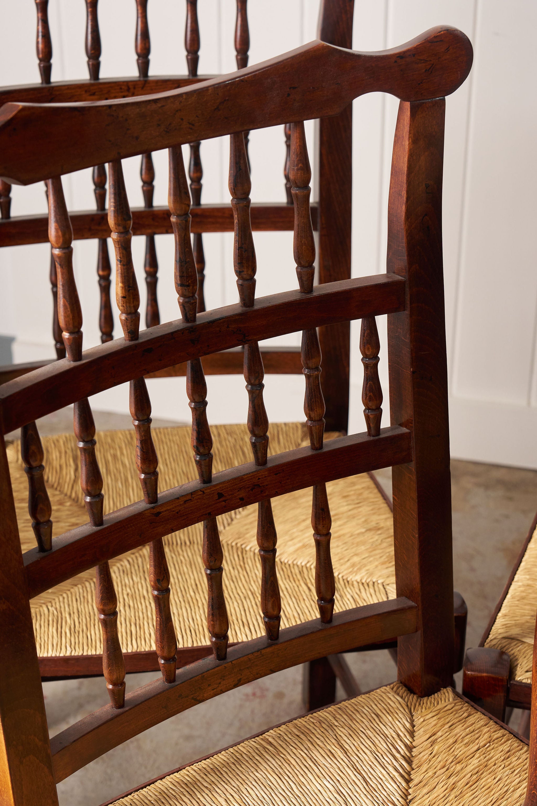 Set Of 8 Vintage Lancaster Spindle Rush Chairs