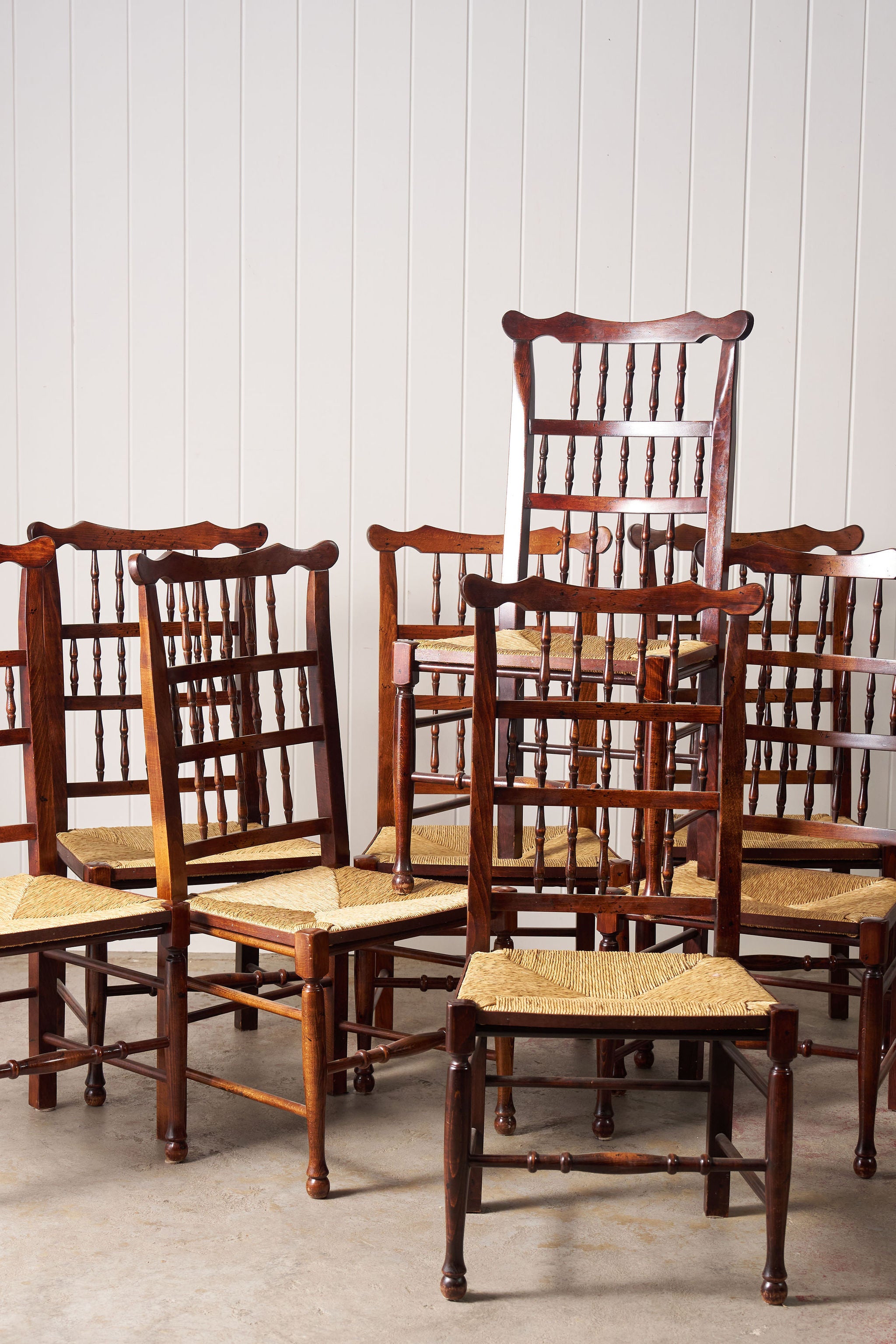 Set Of 8 Vintage Lancaster Spindle Rush Chairs
