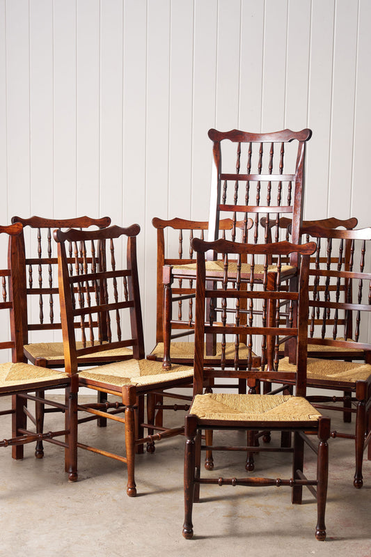 Set Of 8 Vintage Lancaster Spindle Rush Chairs