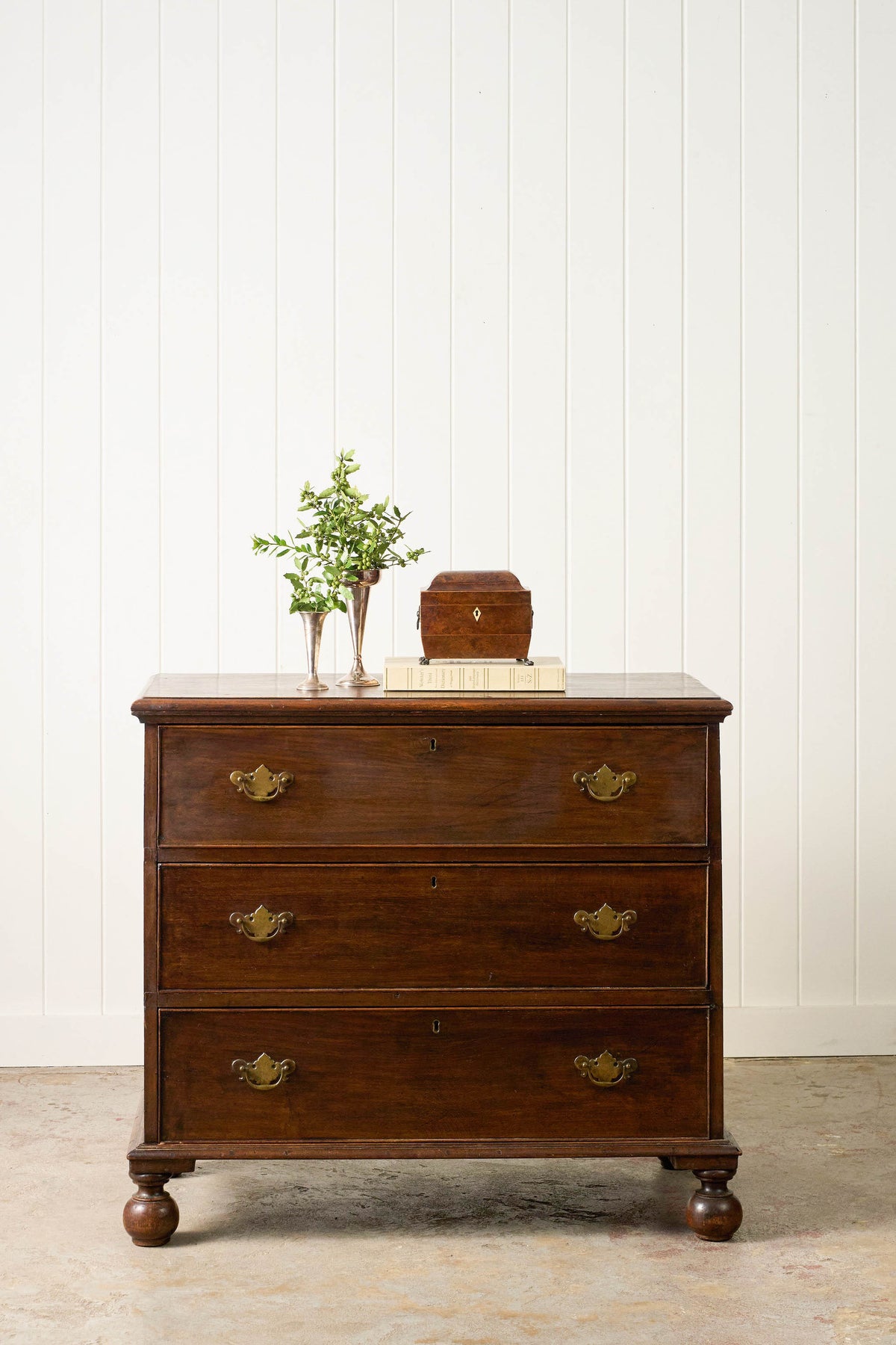 18th Century 3-Drawer Oak Chest On Bun Feet